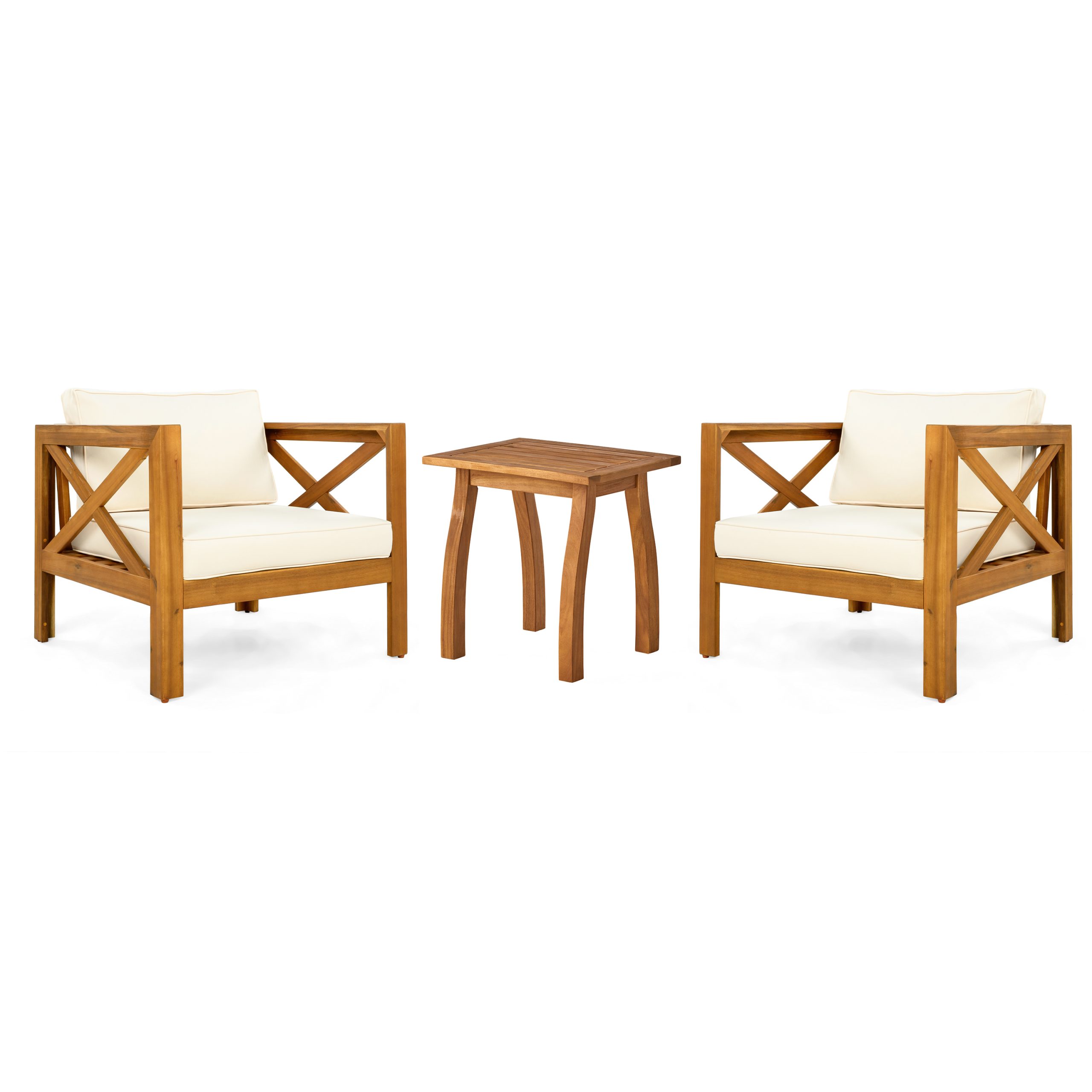 Patio Conversation Set, Outdoor Wood Leisure Seat(Set of 2),Armchair with Cushions,Selma Acacia Wood End Table ,Teak Finish,Beige cushion - Image 4