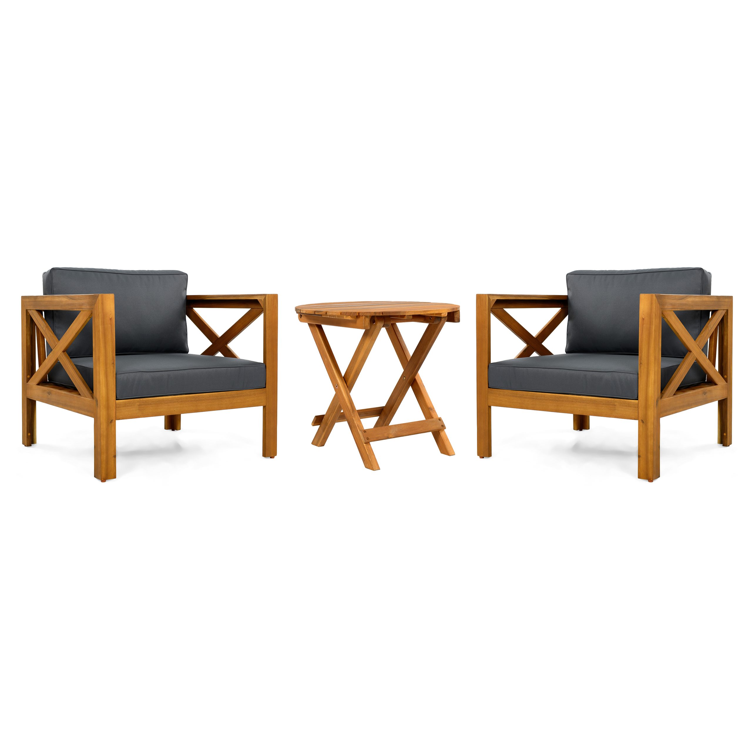 Patio Conversation Set, Outdoor Wood Conversation Seat(Set of 2),Armchair with Cushions,Foldable Acacia Wood Side Table,Teak Finish,Dark Grey cushion - Image 2