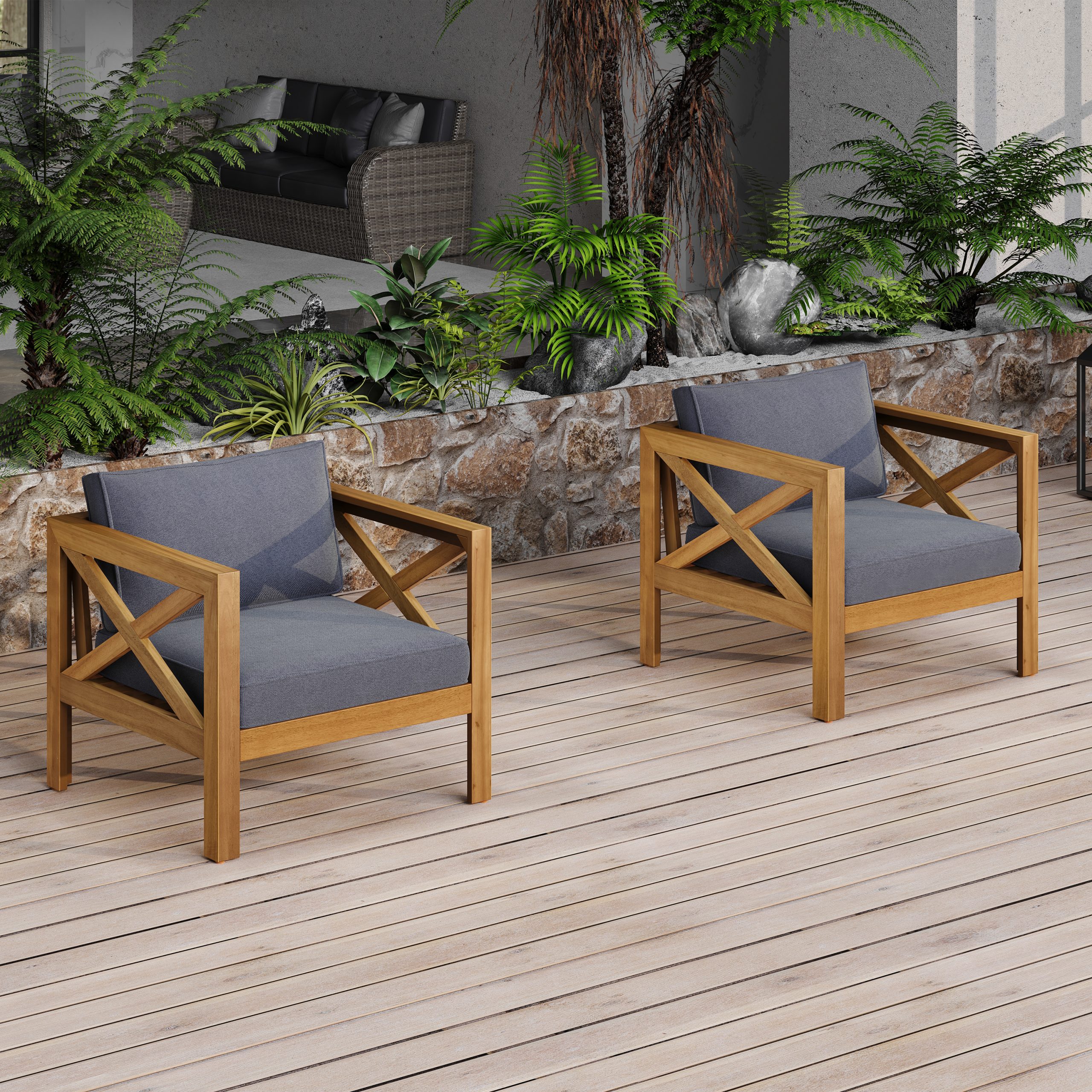 Patio Conversation Set, Outdoor Wood Leisure Seat(Set of 2),Armchair with Cushions,Acacia Wood Patio Side Table,for Backyard, Lawn, Balcony,Teak Finish,Dark Grey cushion - Image 5