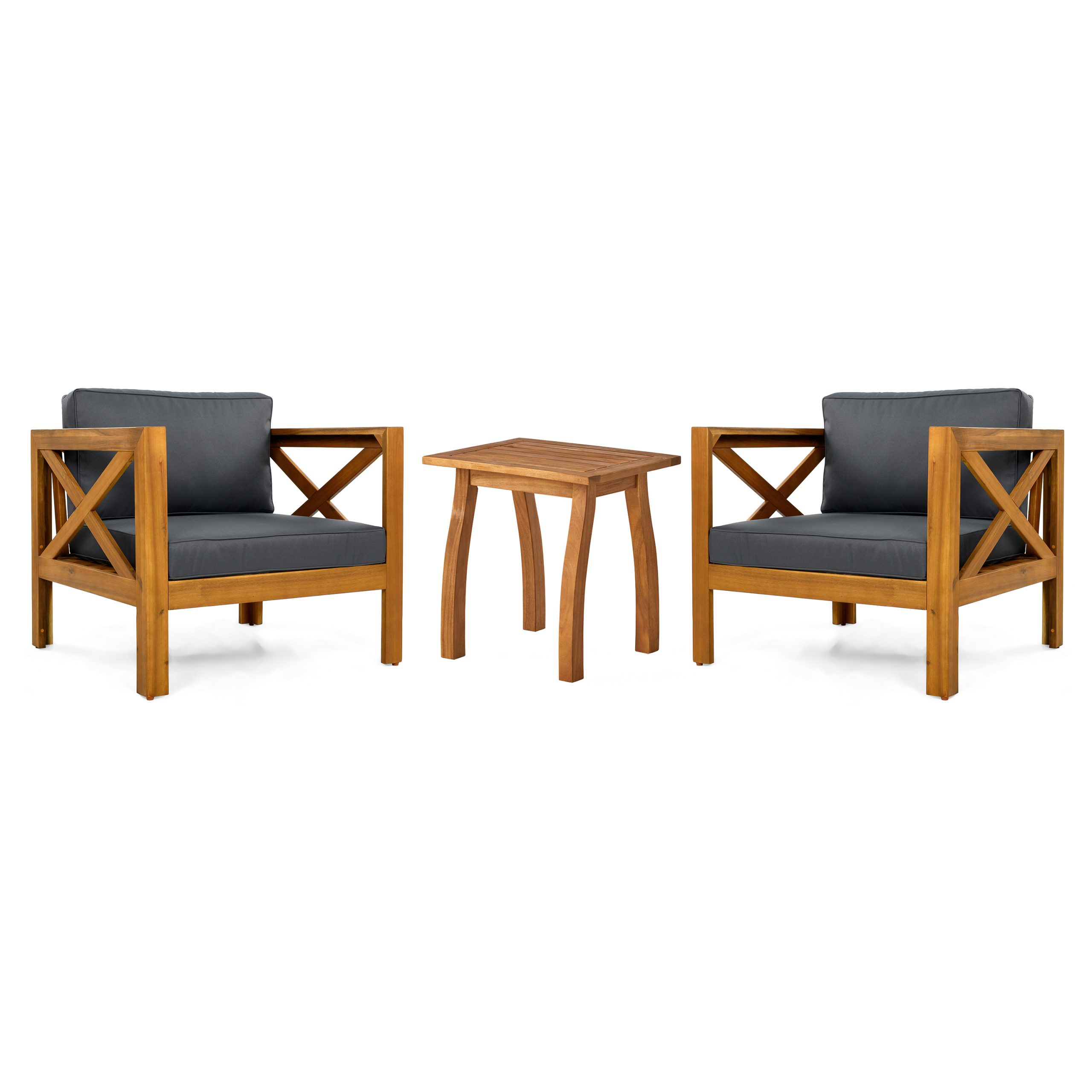 Patio Conversation Set, Outdoor Wood Leisure Seat(Set of 2),Armchair with Cushions,Selma Acacia Wood End Table ,Teak Finish,Dark Grey cushion - Image 2