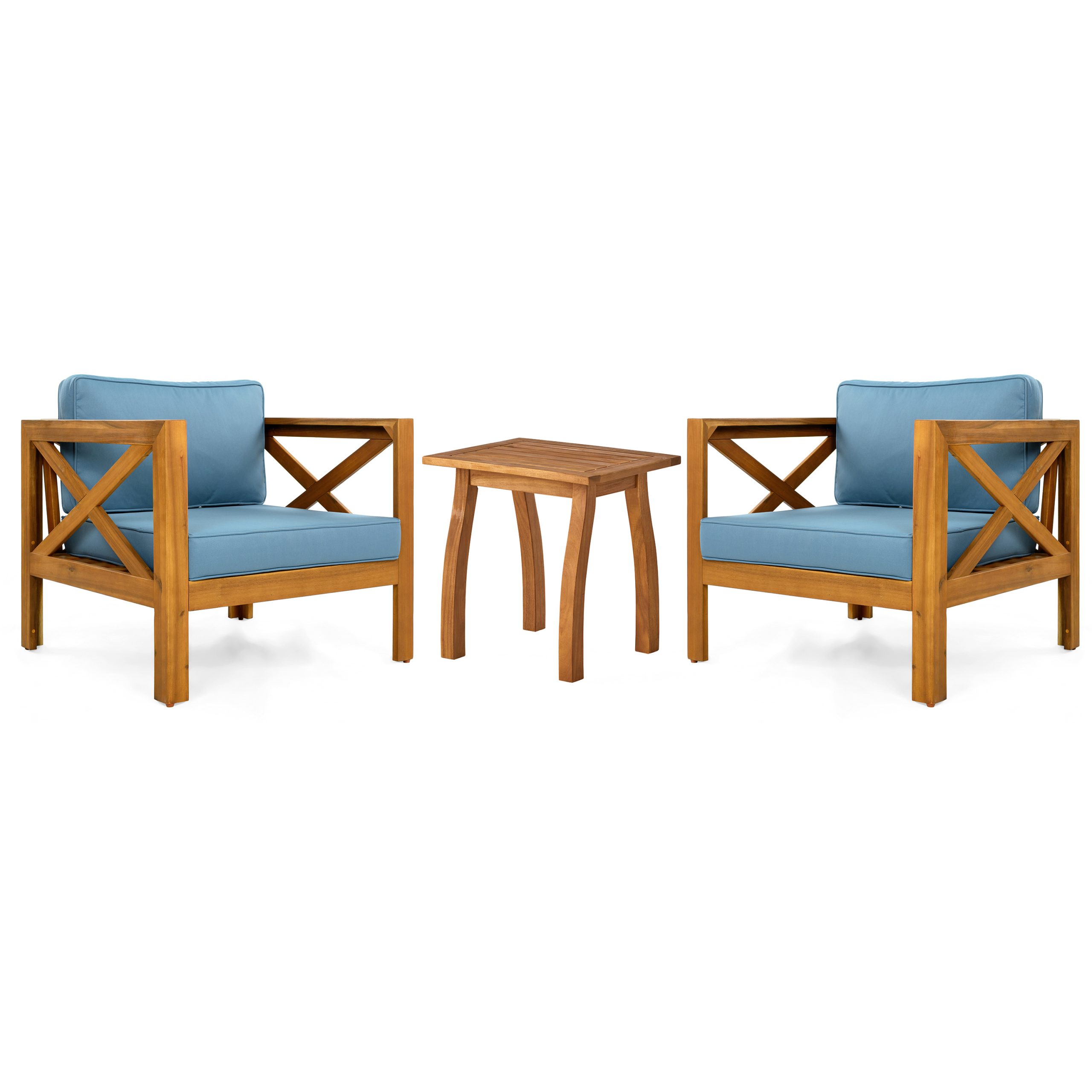 Patio Conversation Set, Outdoor Wood Leisure Seat(Set of 2),Armchair with Cushions,Selma Acacia Wood End Table ,Teak Finish,Blue cushion - Image 2