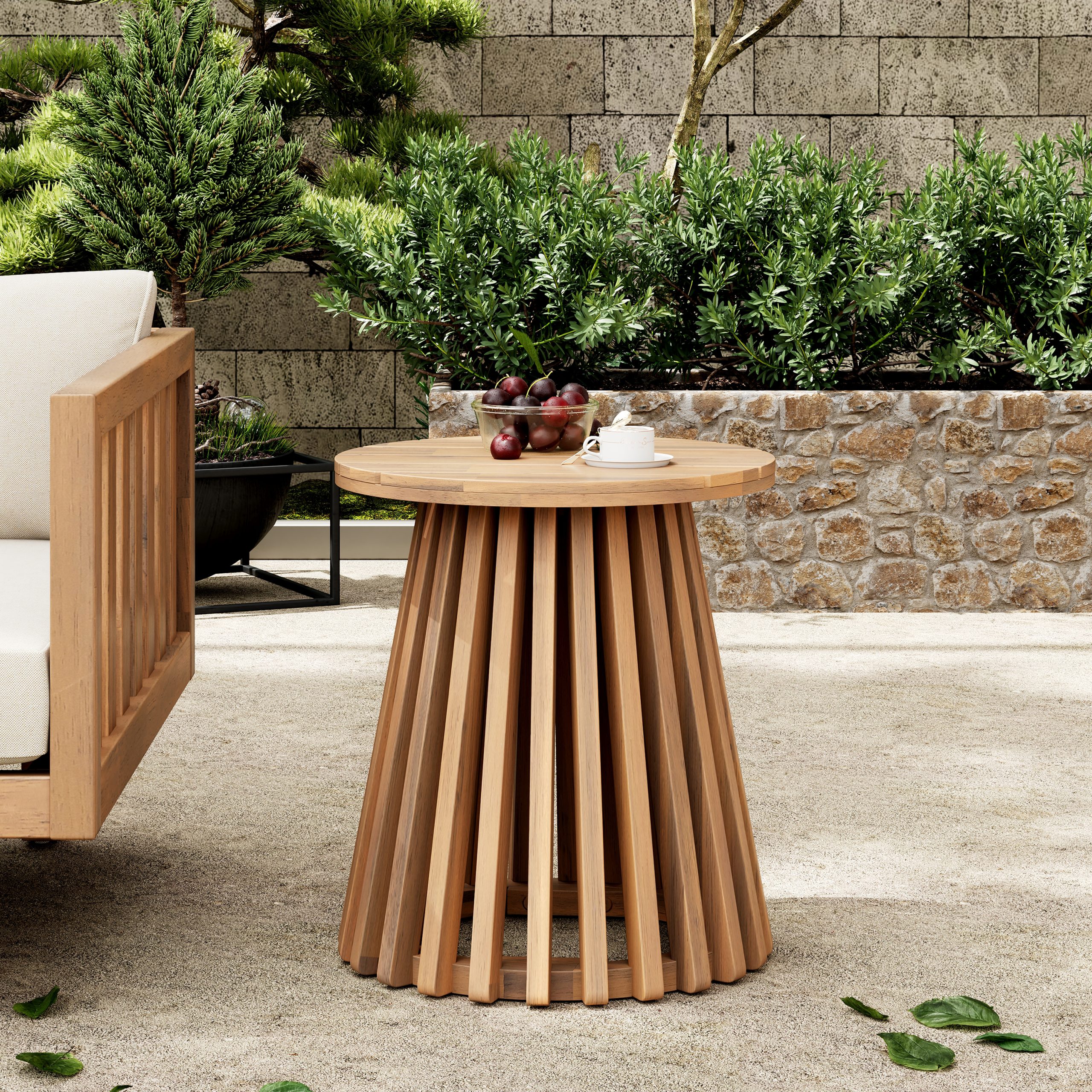 Outdoor Acacia Wood Patio Side Table, Round Coffee Table for Backyard, Lawn, Balcony,Light Teak - Image 3