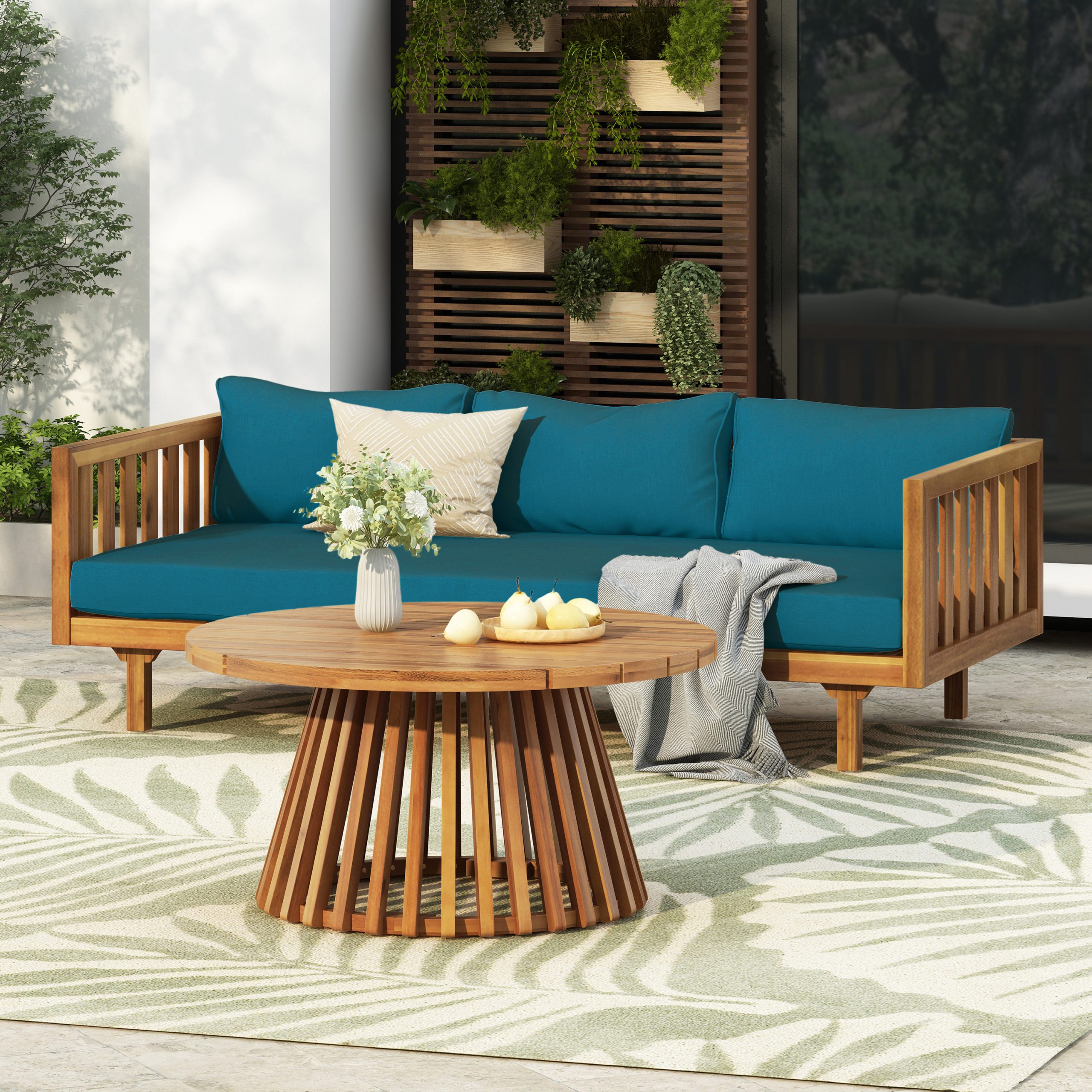 Acacia Wood Patio Furniture Set,Outdoor 3 Seater Daybed(with Water Resistant Thick Cushions)and Round Coffee Table, Dark Teal Cushion - Image 1