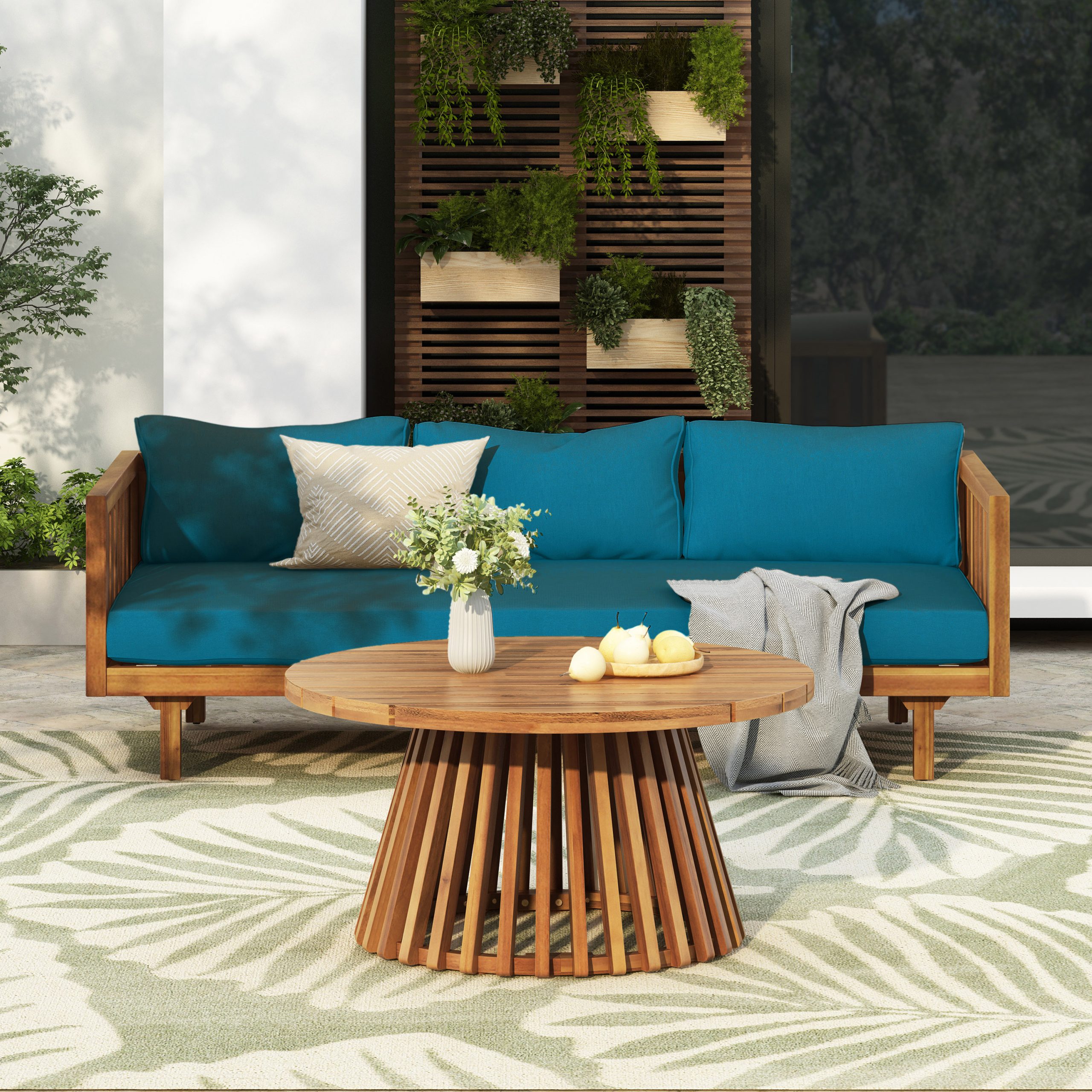 Acacia Wood Patio Furniture Set,Outdoor 3 Seater Daybed(with Water Resistant Thick Cushions)and Round Coffee Table, Dark Teal Cushion - Image 4
