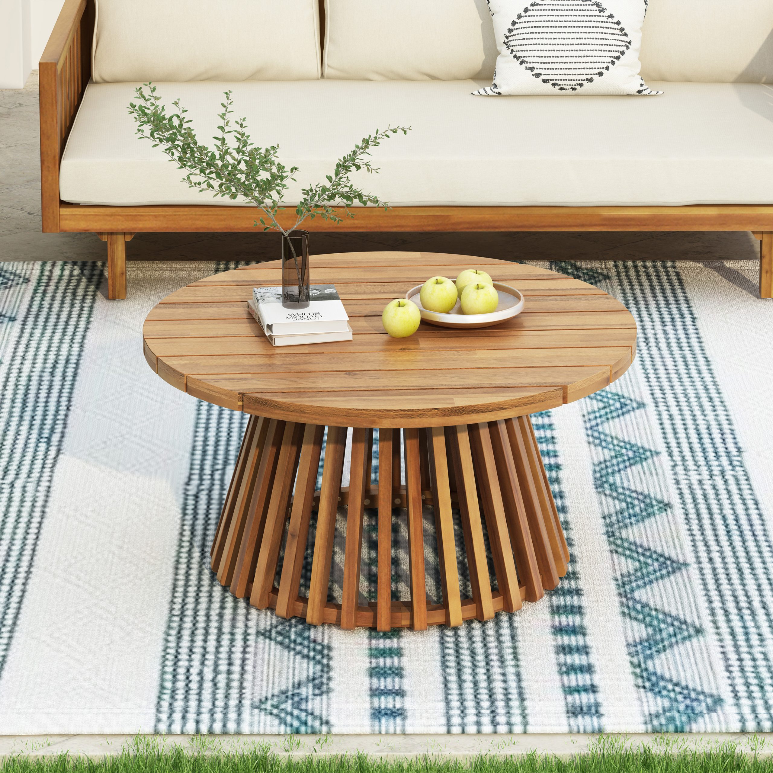 Acacia Wood Patio Furniture Set,Outdoor 3 Seater Daybed(with Water Resistant Thick Cushions)and Round Coffee Table, Dark Teal Cushion - Image 5