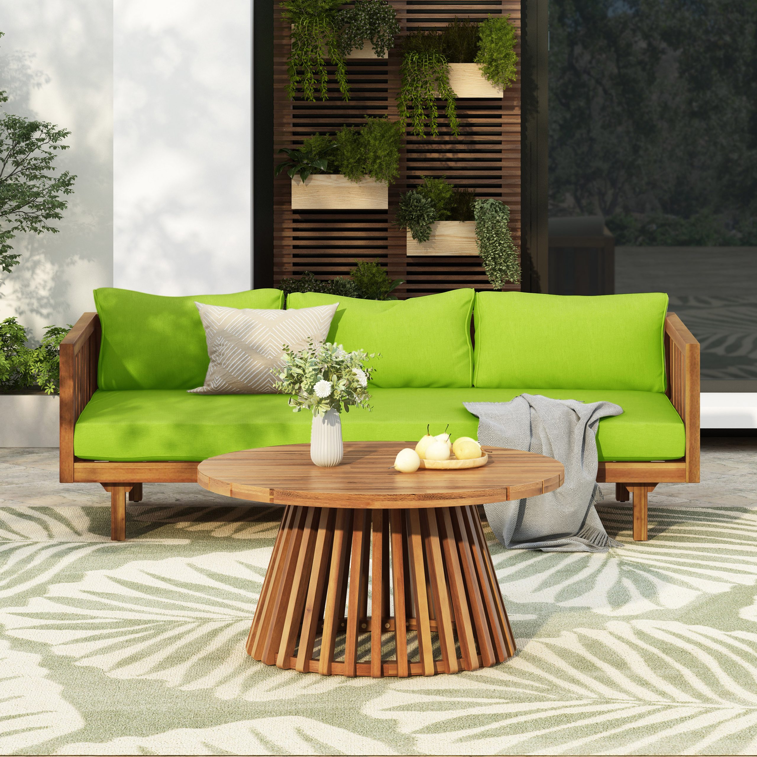 Acacia Wood Patio Furniture Set,Outdoor 3 Seater Daybed(with Water Resistant Thick Cushions)and Round Coffee Table, Green Cushion - Image 5