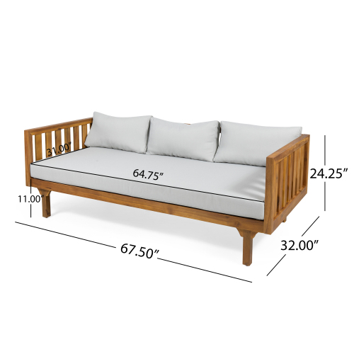 Acacia Wood Patio Furniture Set,Outdoor 3 Seater Daybed(with Water Resistant Thick Cushions)and Round Coffee Table, Light Gray Cushion - Image 2