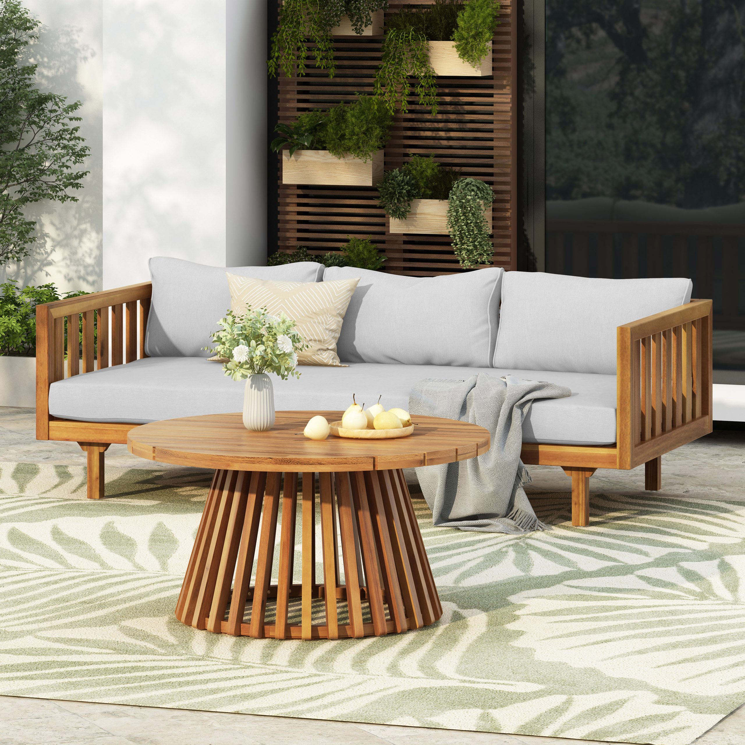 Acacia Wood Patio Furniture Set,Outdoor 3 Seater Daybed(with Water Resistant Thick Cushions)and Round Coffee Table, Light Gray Cushion - Image 4