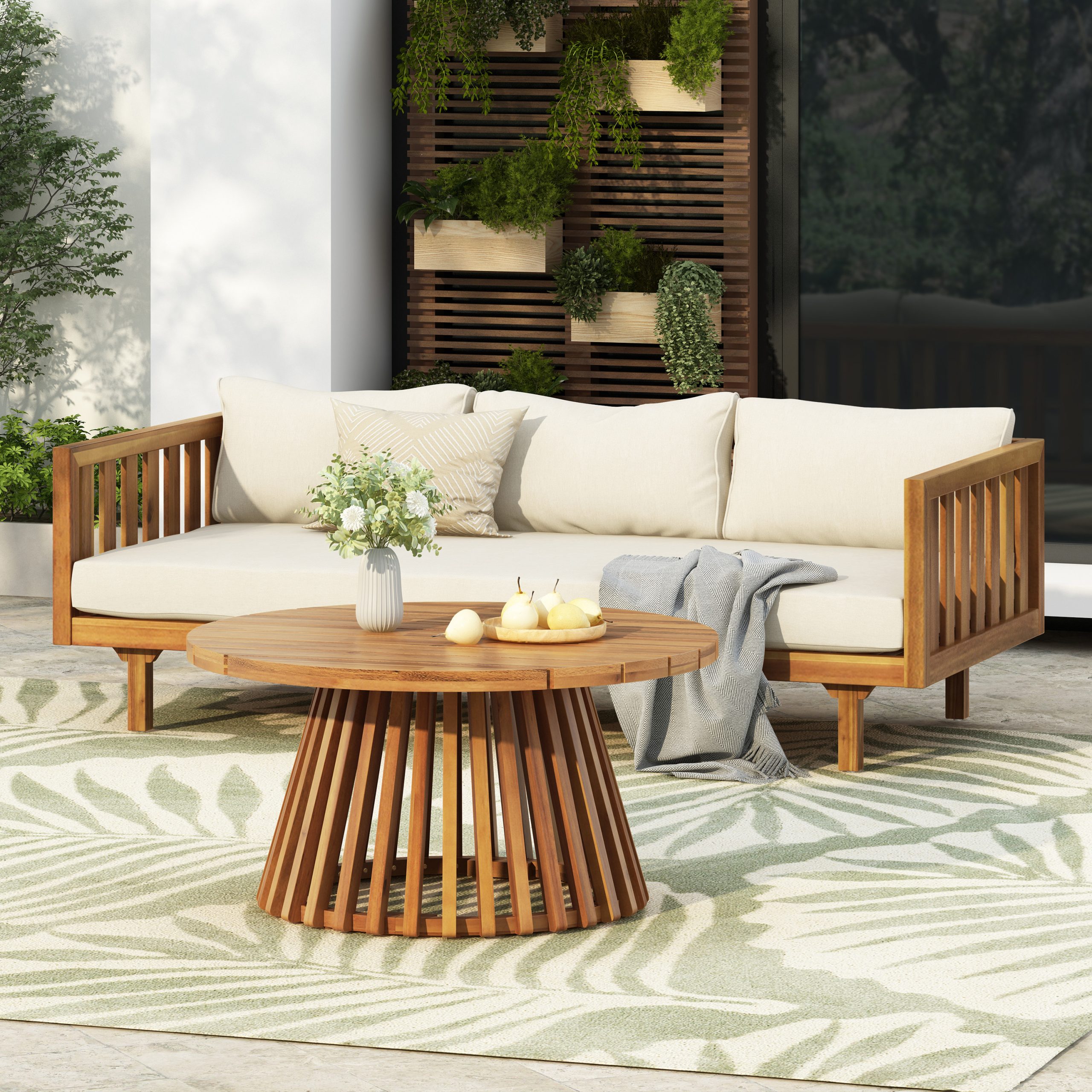 Acacia Wood Patio Furniture Set,Outdoor 3 Seater Daybed(with Water Resistant Thick Cushions)and Round Coffee Table, Beige Cushion - Image 1