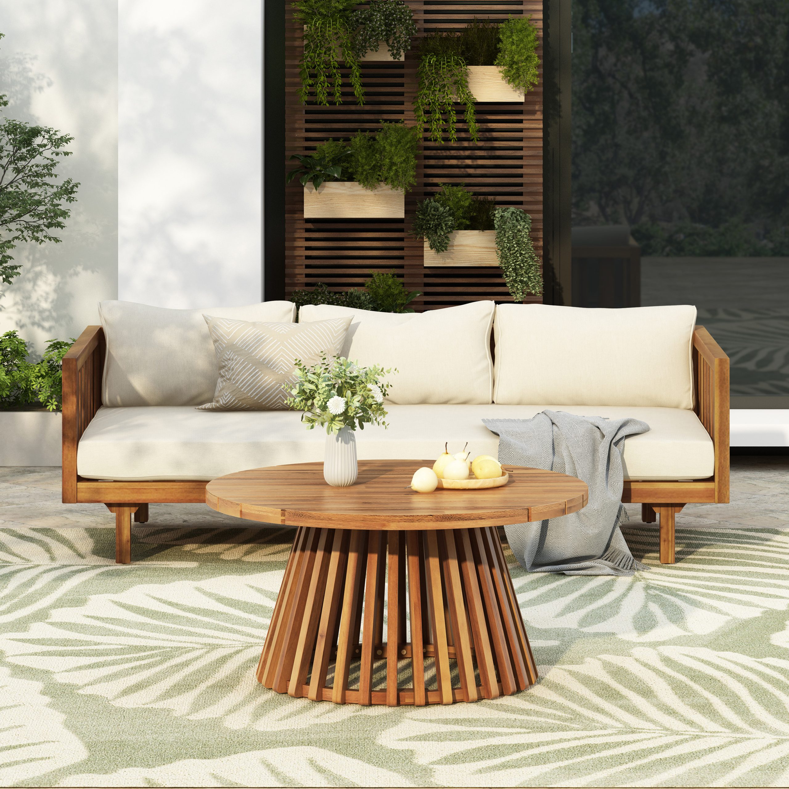 Acacia Wood Patio Furniture Set,Outdoor 3 Seater Daybed(with Water Resistant Thick Cushions)and Round Coffee Table, Beige Cushion - Image 4