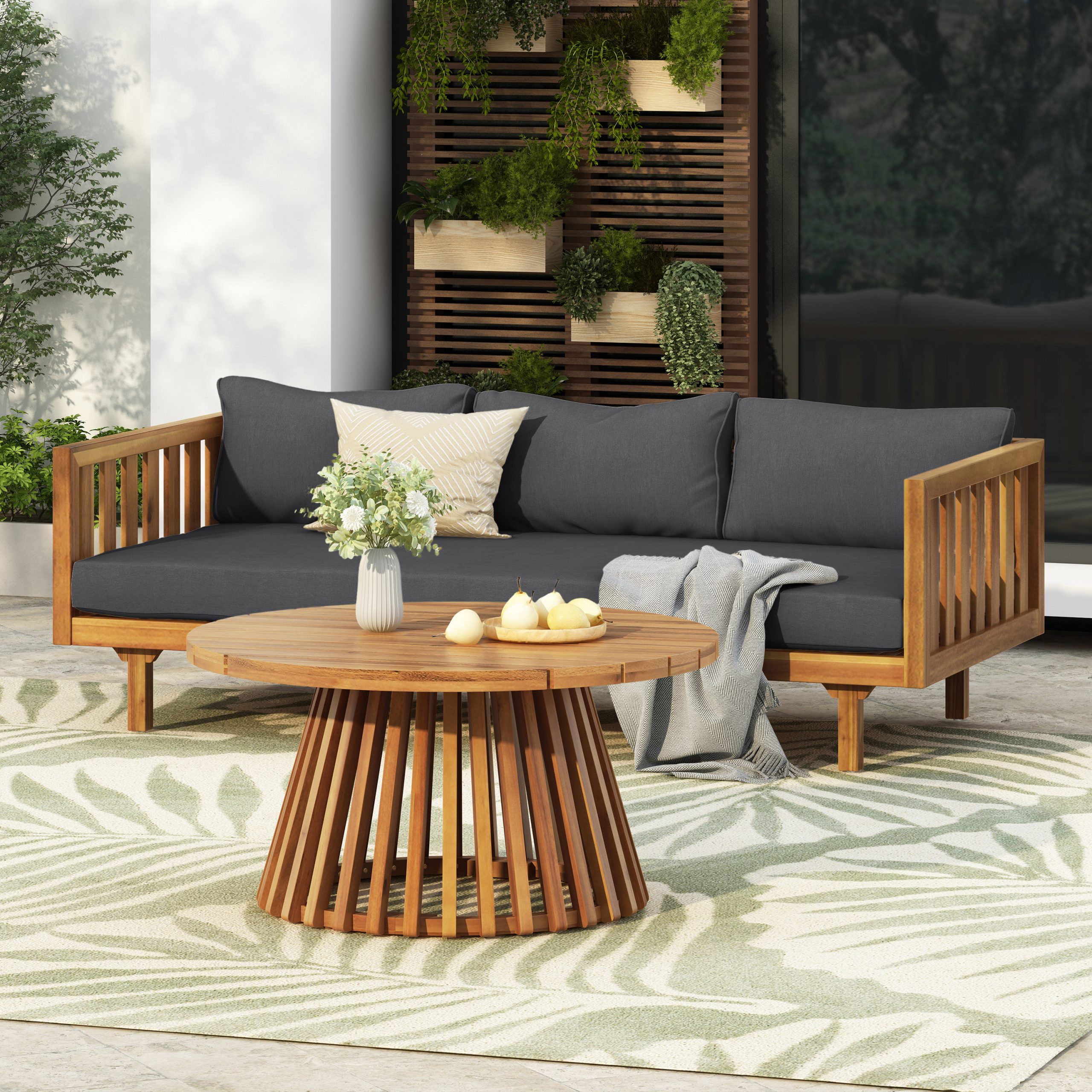 Acacia Wood Patio Furniture Set,Outdoor 3 Seater Daybed(with Water Resistant Thick Cushions)and Round Coffee Table, Dark Grey Cushion - Image 1