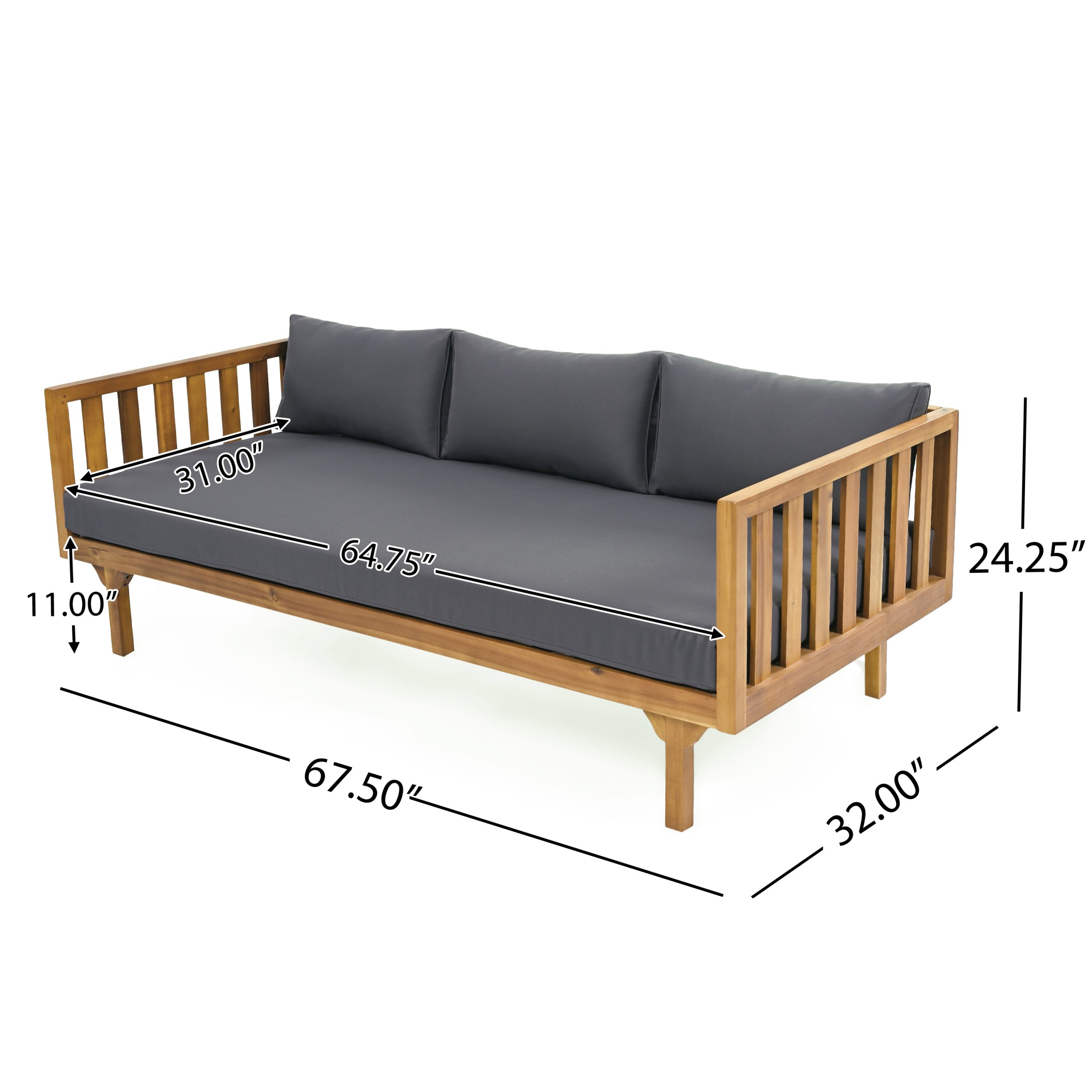 Acacia Wood Patio Furniture Set,Outdoor 3 Seater Daybed(with Water Resistant Thick Cushions)and Round Coffee Table, Dark Grey Cushion - Image 2