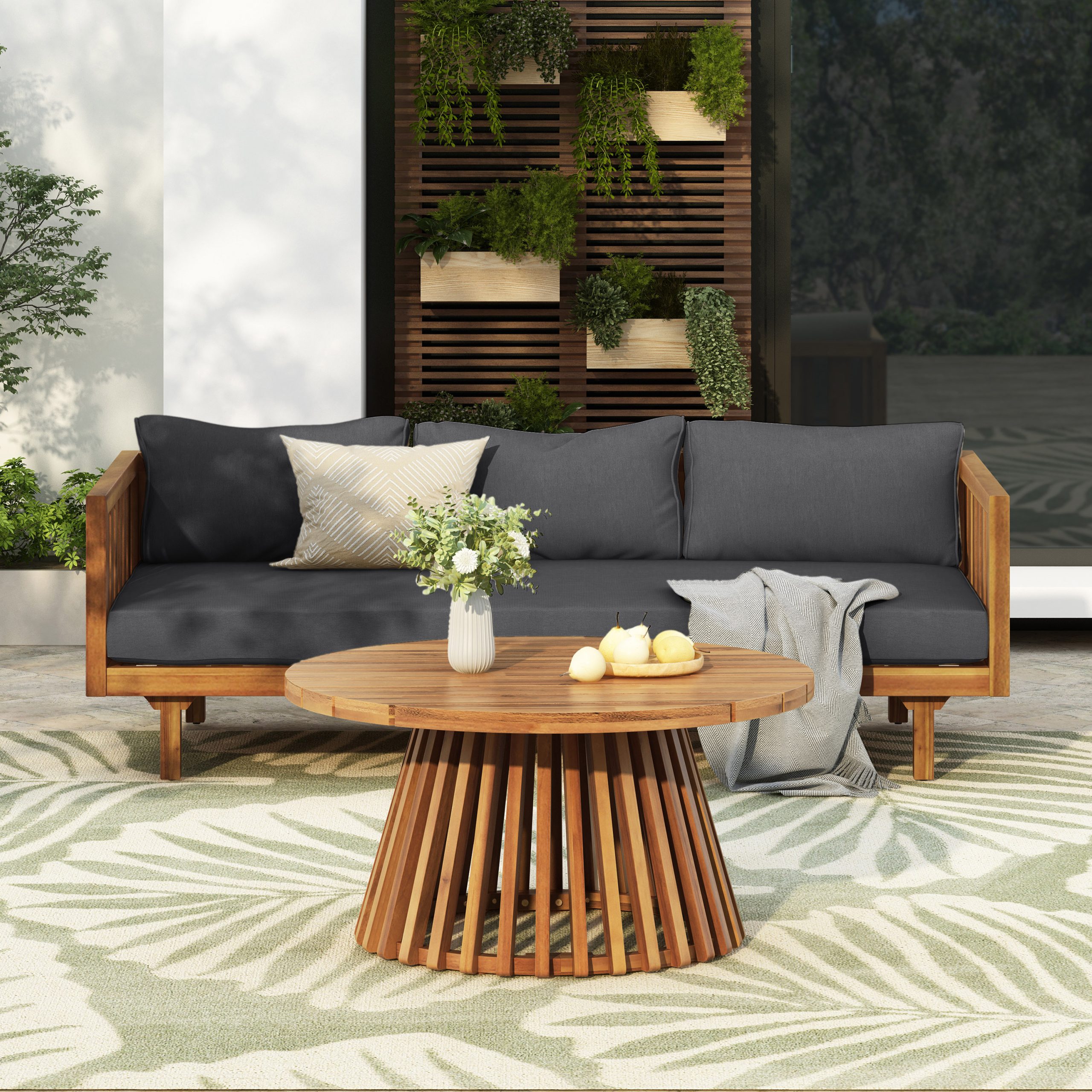 Acacia Wood Patio Furniture Set,Outdoor 3 Seater Daybed(with Water Resistant Thick Cushions)and Round Coffee Table, Dark Grey Cushion - Image 4
