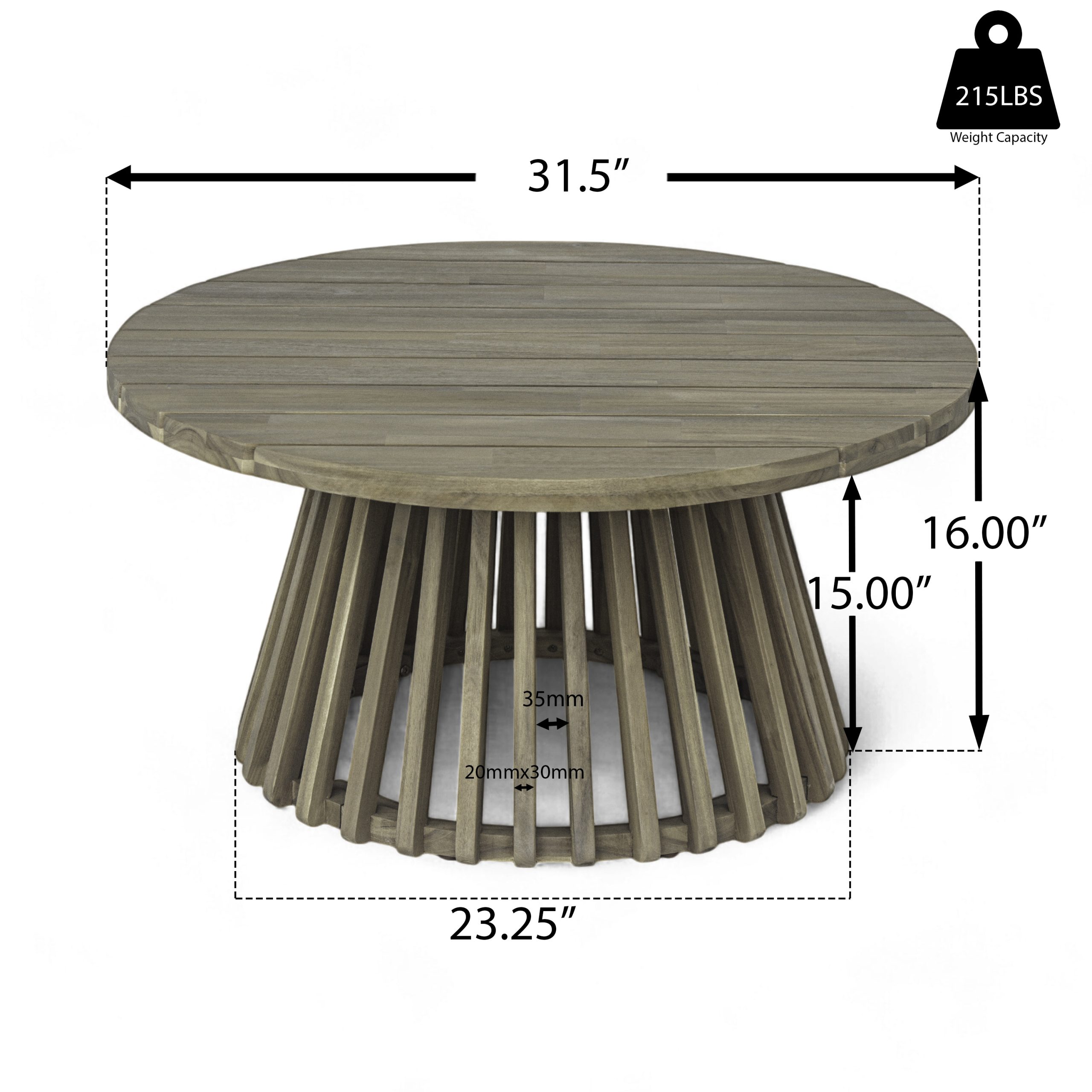 Outdoor Acacia Wood Patio Coffee Table, Round Coffee Table for Backyard, Lawn, Balcony,Grey Finish - Image 2