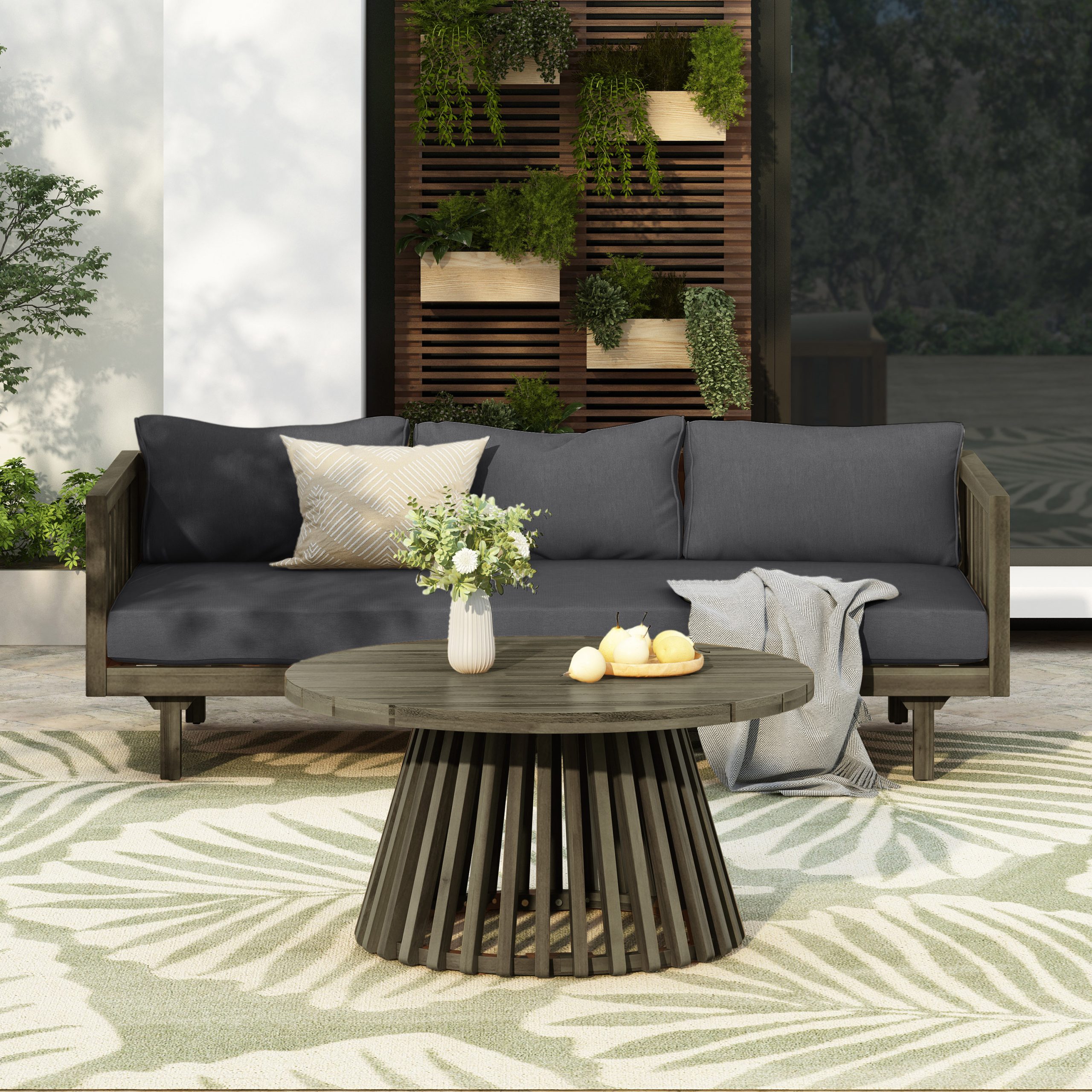 Acacia Wood Patio Furniture Set, Outdoor Grey Finish 3 Seater Daybed(with Water Resistant Thick Cushions)and Round Coffee Table, Dark Grey Cushion - Image 4