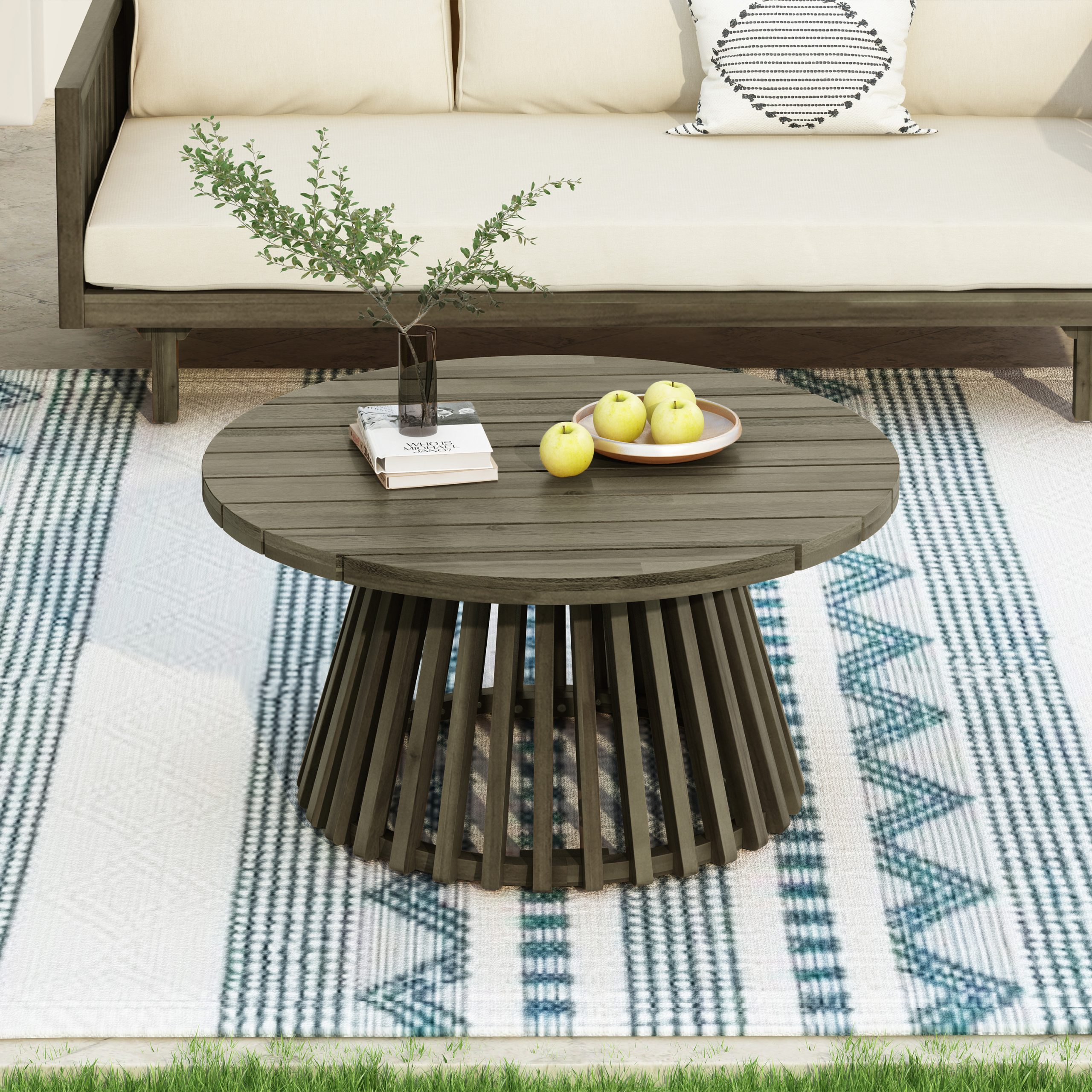 Outdoor Acacia Wood Patio Coffee Table, Round Coffee Table for Backyard, Lawn, Balcony,Grey Finish - Image 3