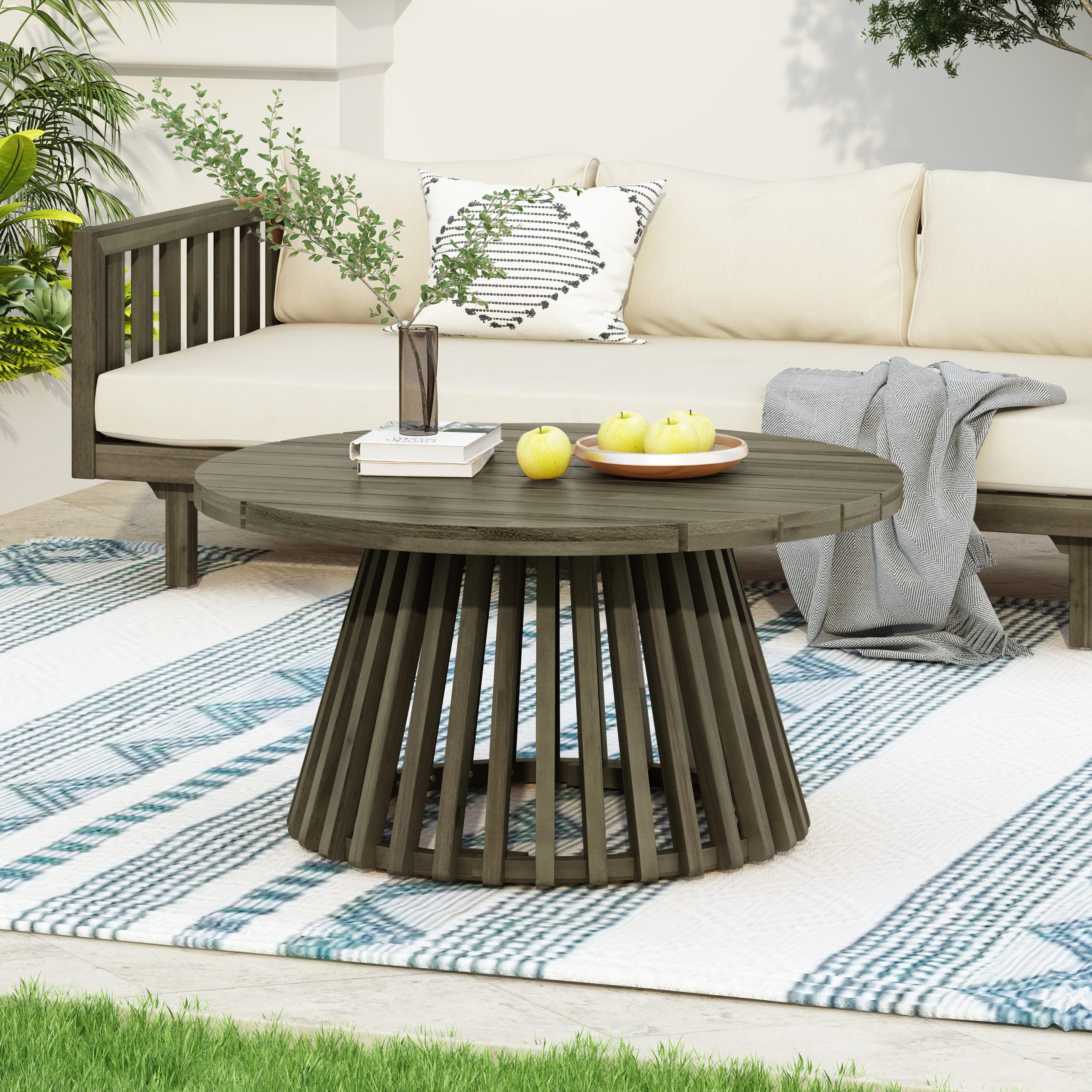 Outdoor Acacia Wood Patio Coffee Table, Round Coffee Table for Backyard, Lawn, Balcony,Grey Finish - Image 4