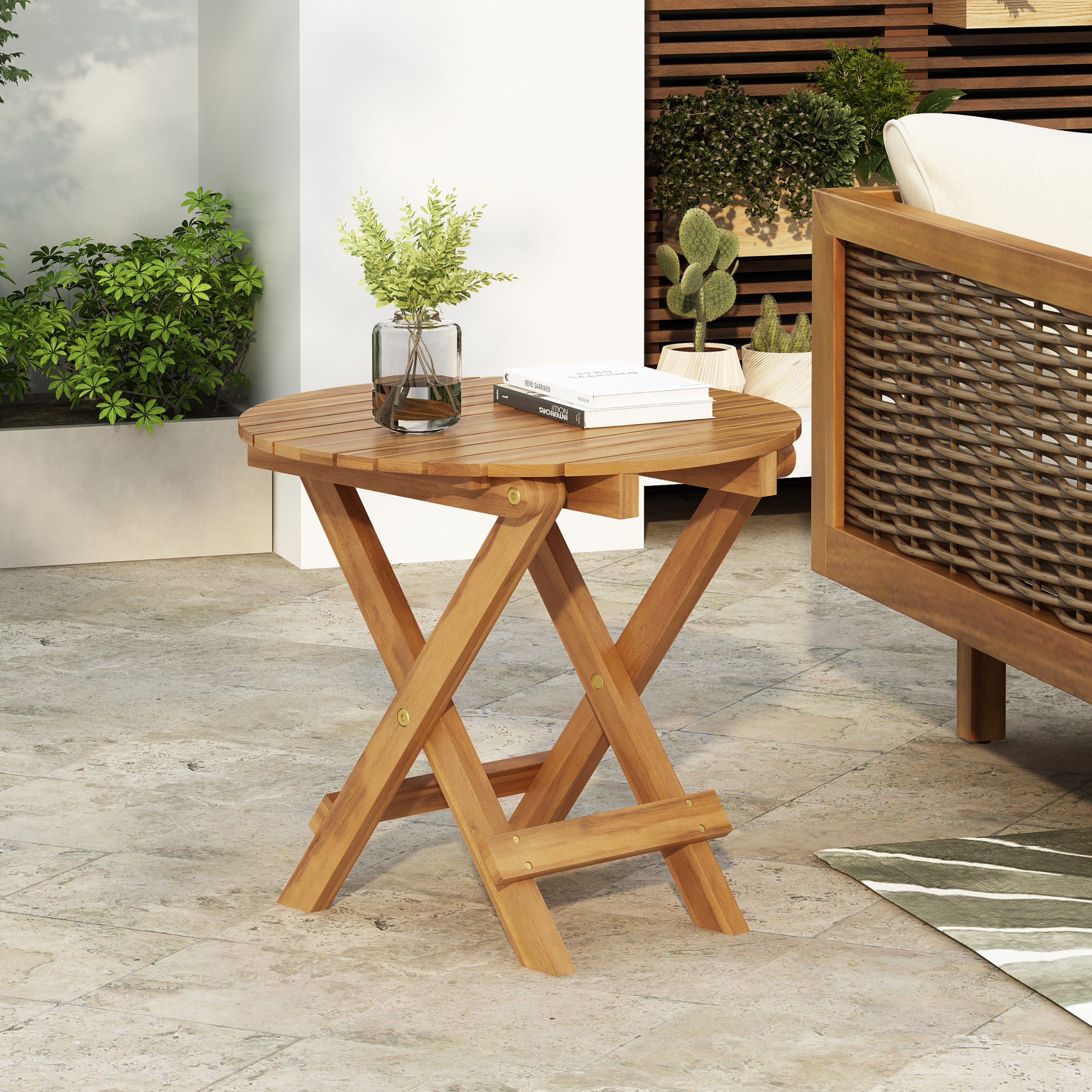 NO INSTALLATION REQUIRED, FOLDABLE AND ADJUSTABLE OUTDOOR ACACIA WOOD SIDE TABLE (TEAK FINISH) - Image 2