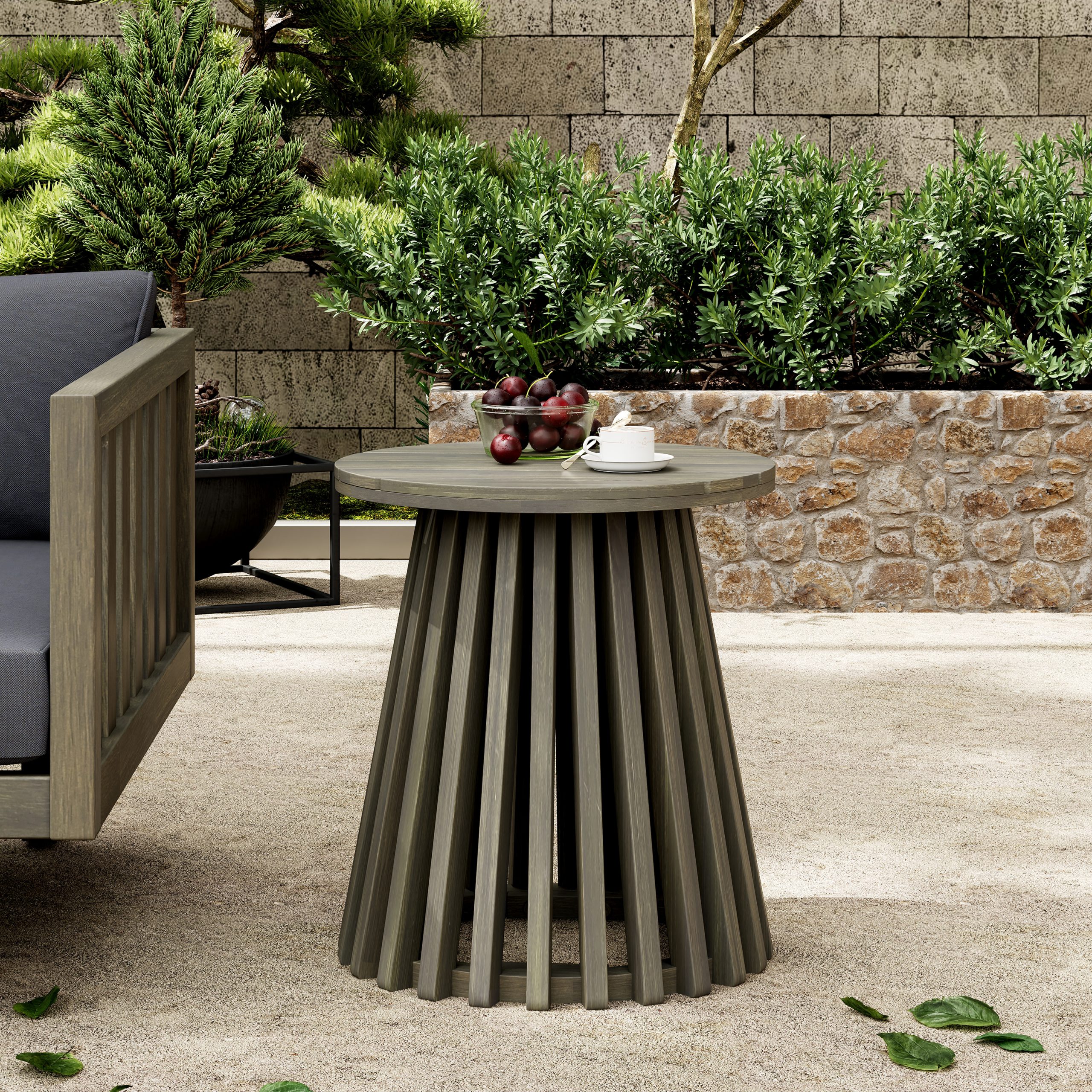 Outdoor Acacia Wood Patio Side Table, Round Coffee Table for Backyard, Lawn, Balcony,Grey Finish - Image 3