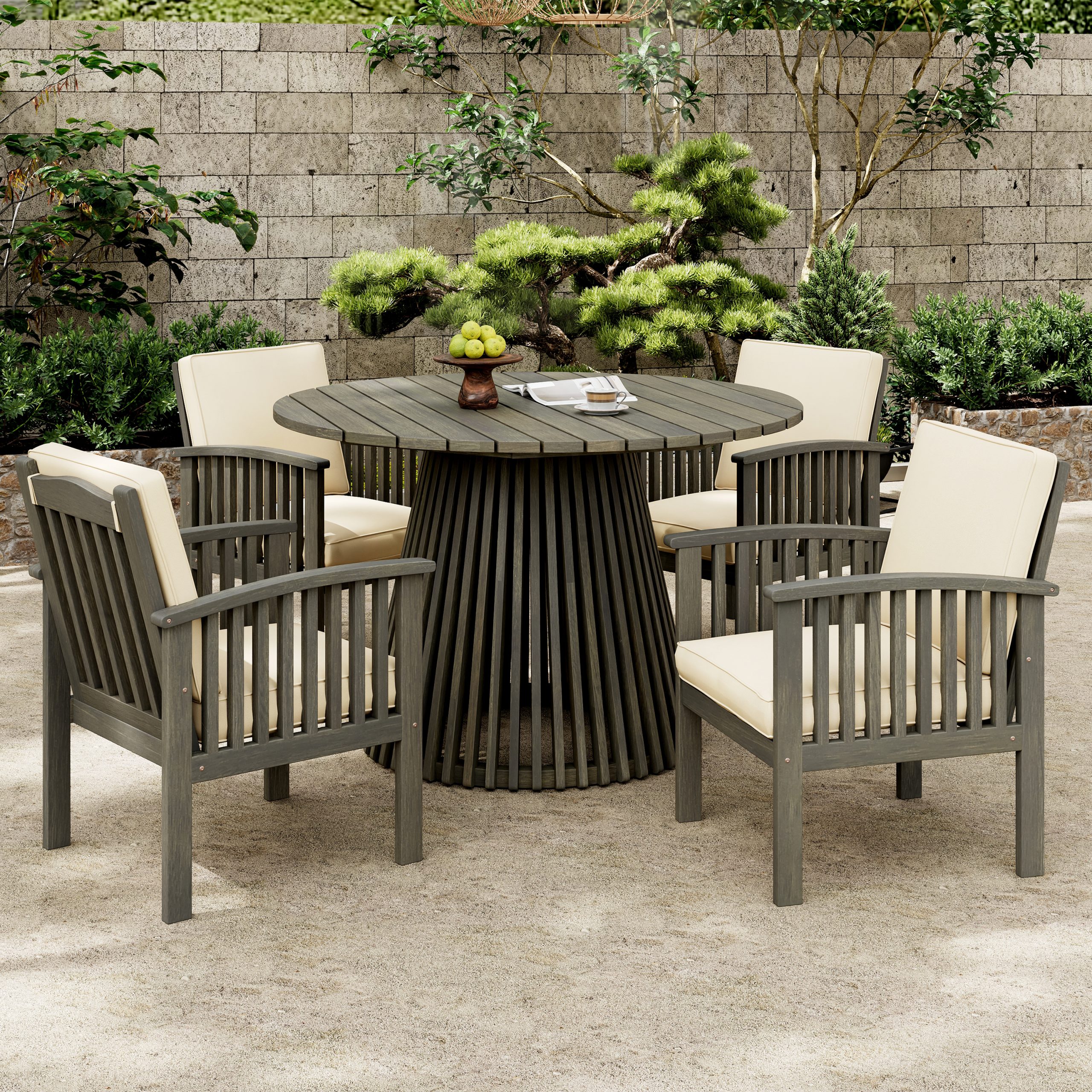 Outdoor Acacia Wood Chairs Set of 4, Heavy-Duty Dining Armchairs, Farmhouse Style Grey Finish Seating Furniture (With Cream Cushion)for Patio, Deck, Yard, Balcony, Garden - Image 3
