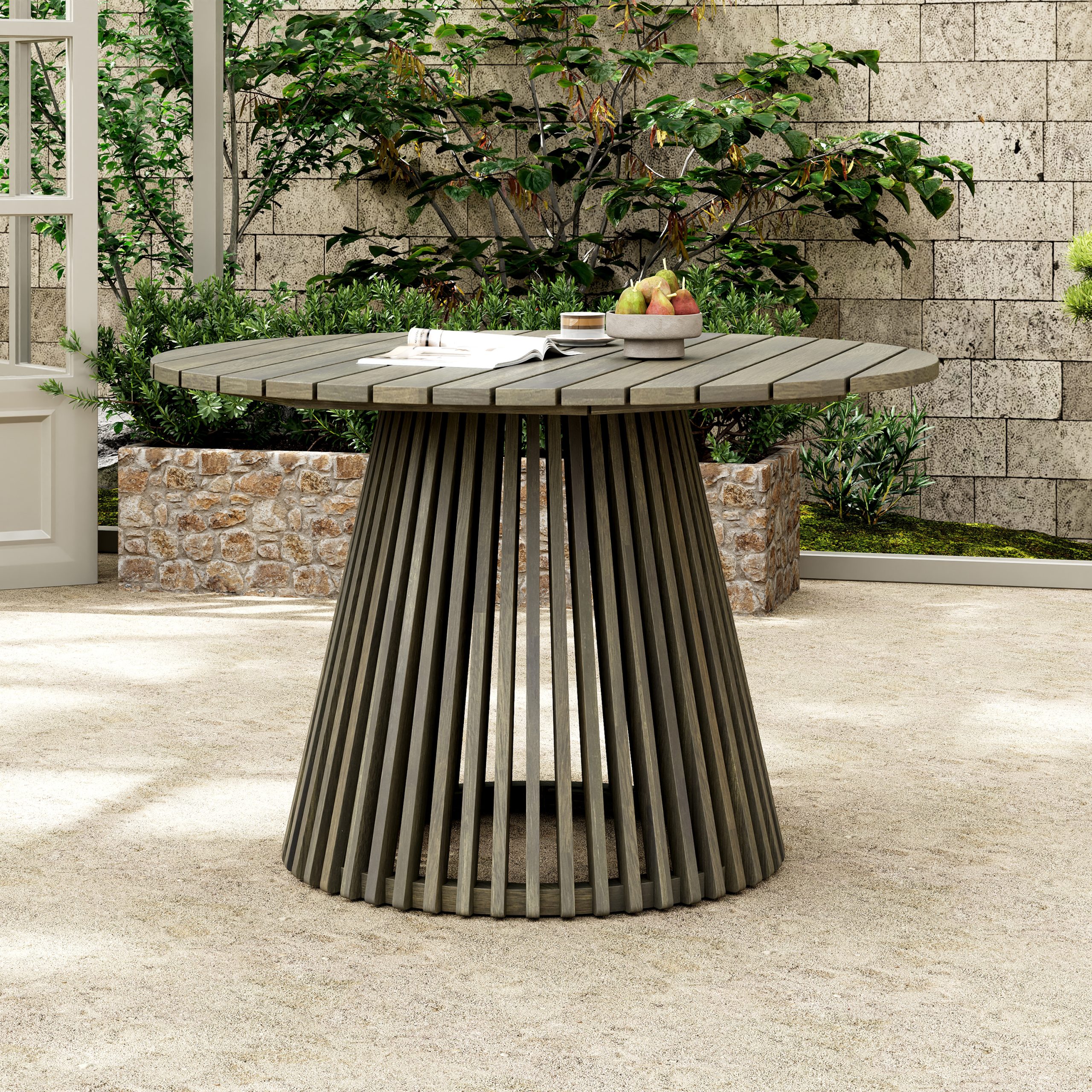 Outdoor Acacia Wood Patio Dining Table, 47.25-inch extra-large round dining table,for Backyard, Lawn, Balcony,Grey Finish - Image 2