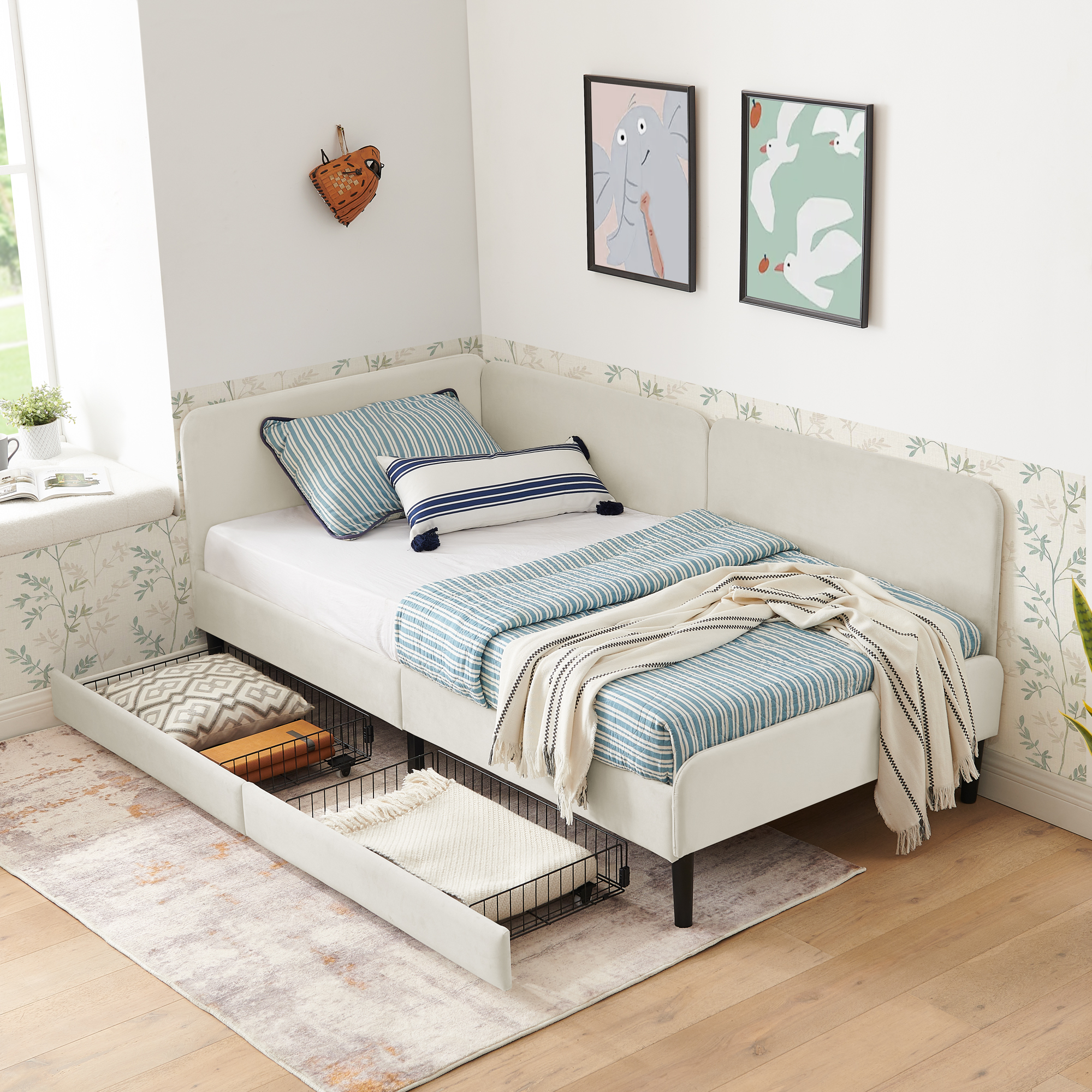 Twin Size Upholstered Platform Bed Frame with 2 Storage Drawers, Adjustable Velvet Sofa Bed, Beige - Image 2