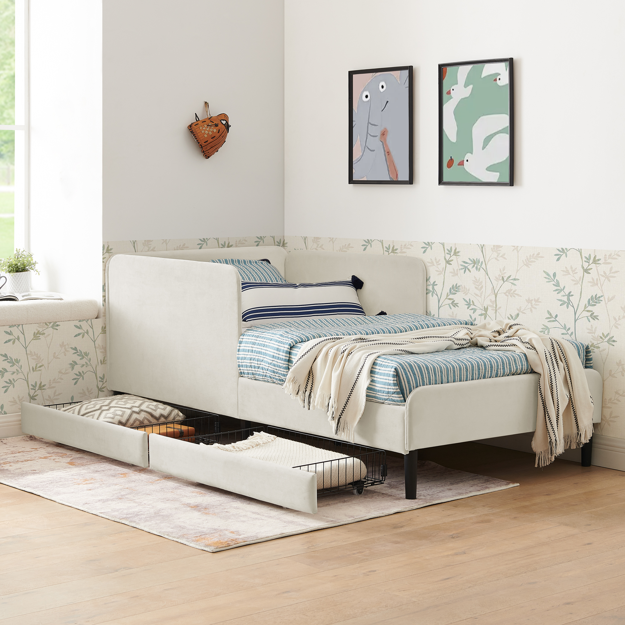 Twin Size Upholstered Platform Bed Frame with 2 Storage Drawers, Adjustable Velvet Sofa Bed, Beige - Image 3