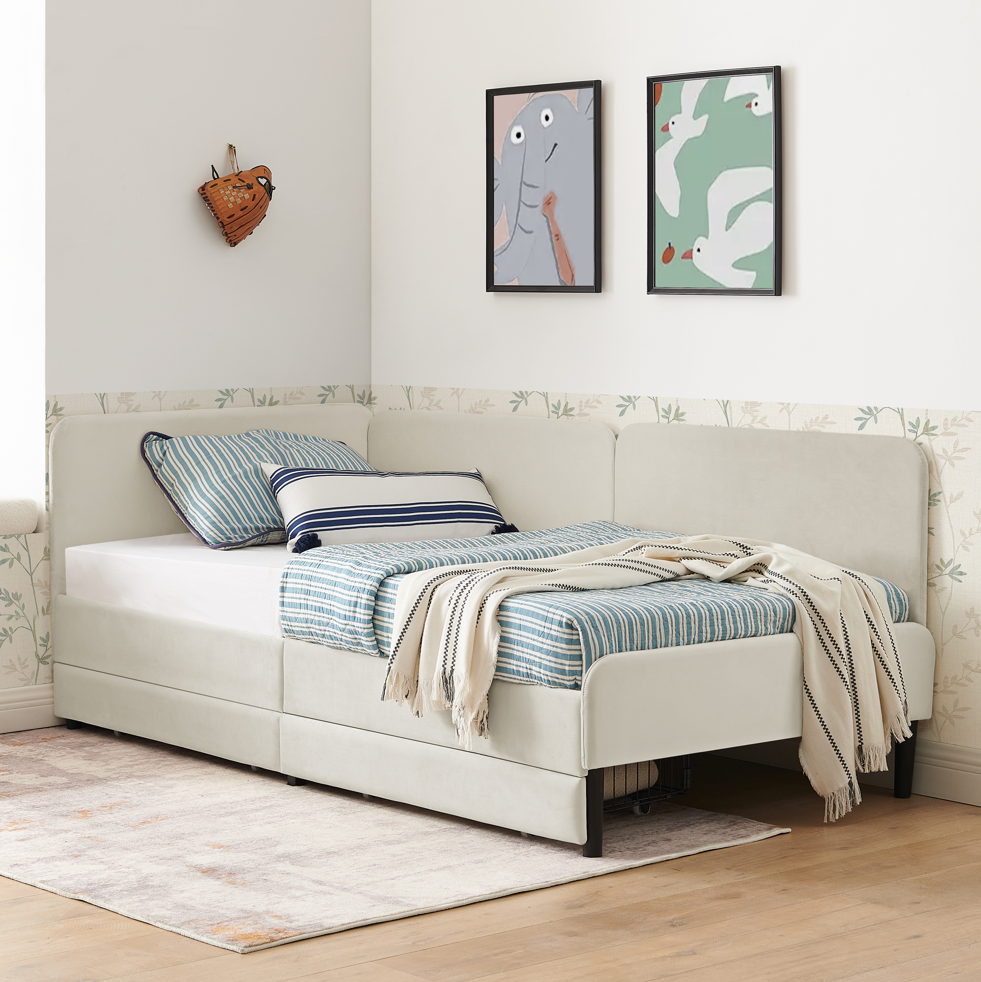 Twin Size Upholstered Platform Bed Frame with 2 Storage Drawers, Adjustable Velvet Sofa Bed, Beige - Image 4
