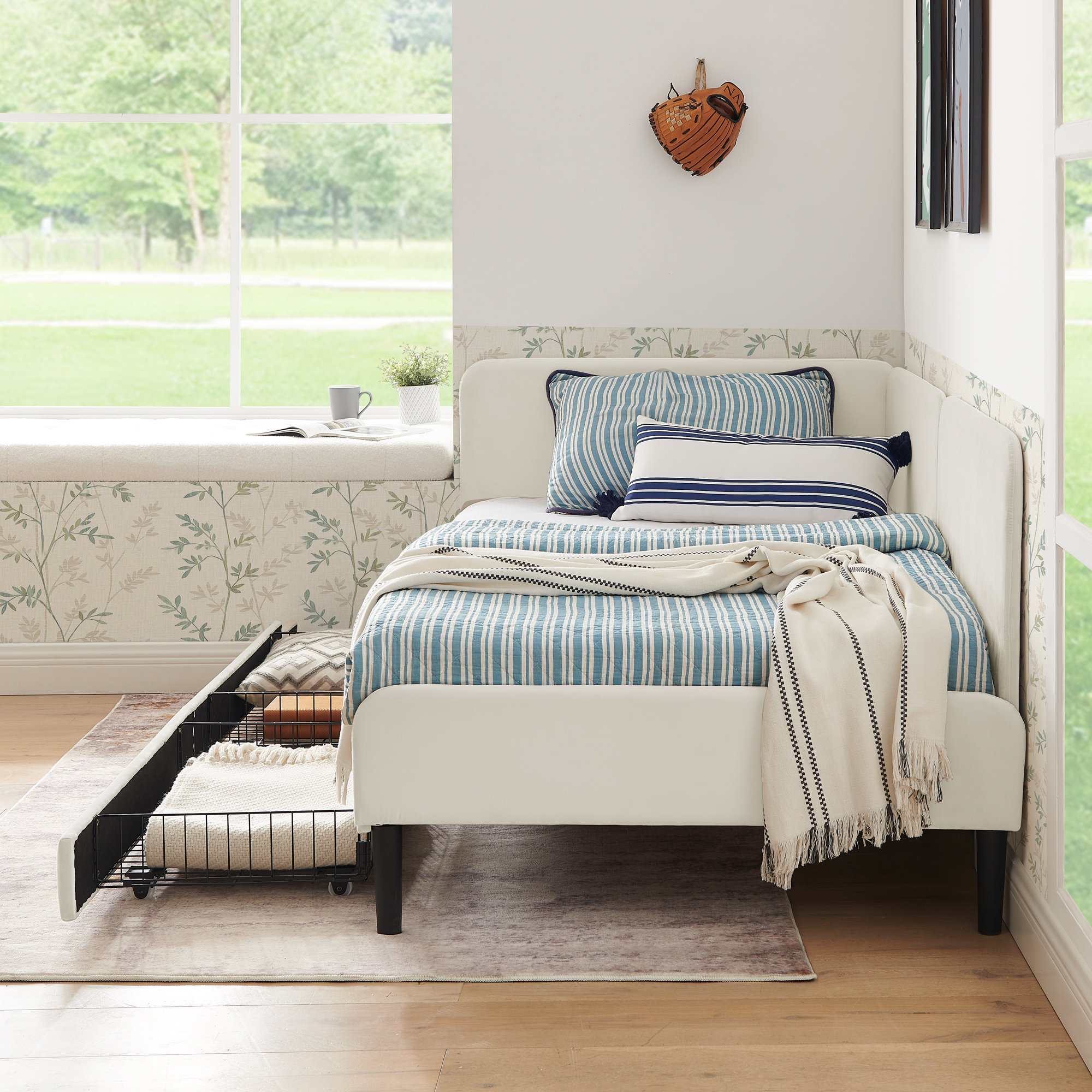 Twin Size Upholstered Platform Bed Frame with 2 Storage Drawers, Adjustable Velvet Sofa Bed, Beige - Image 5