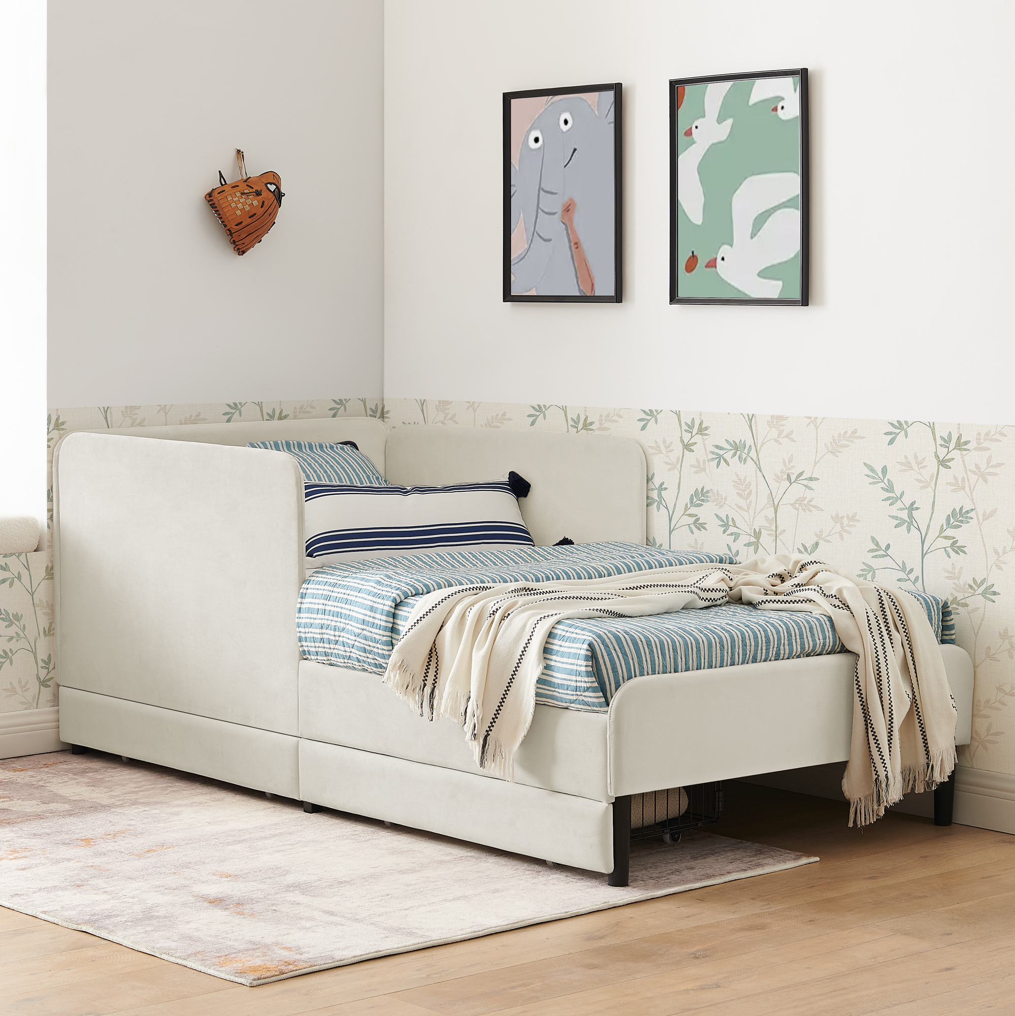 Twin Size Upholstered Platform Bed Frame with 2 Storage Drawers, Adjustable Velvet Sofa Bed, Beige - Image 6