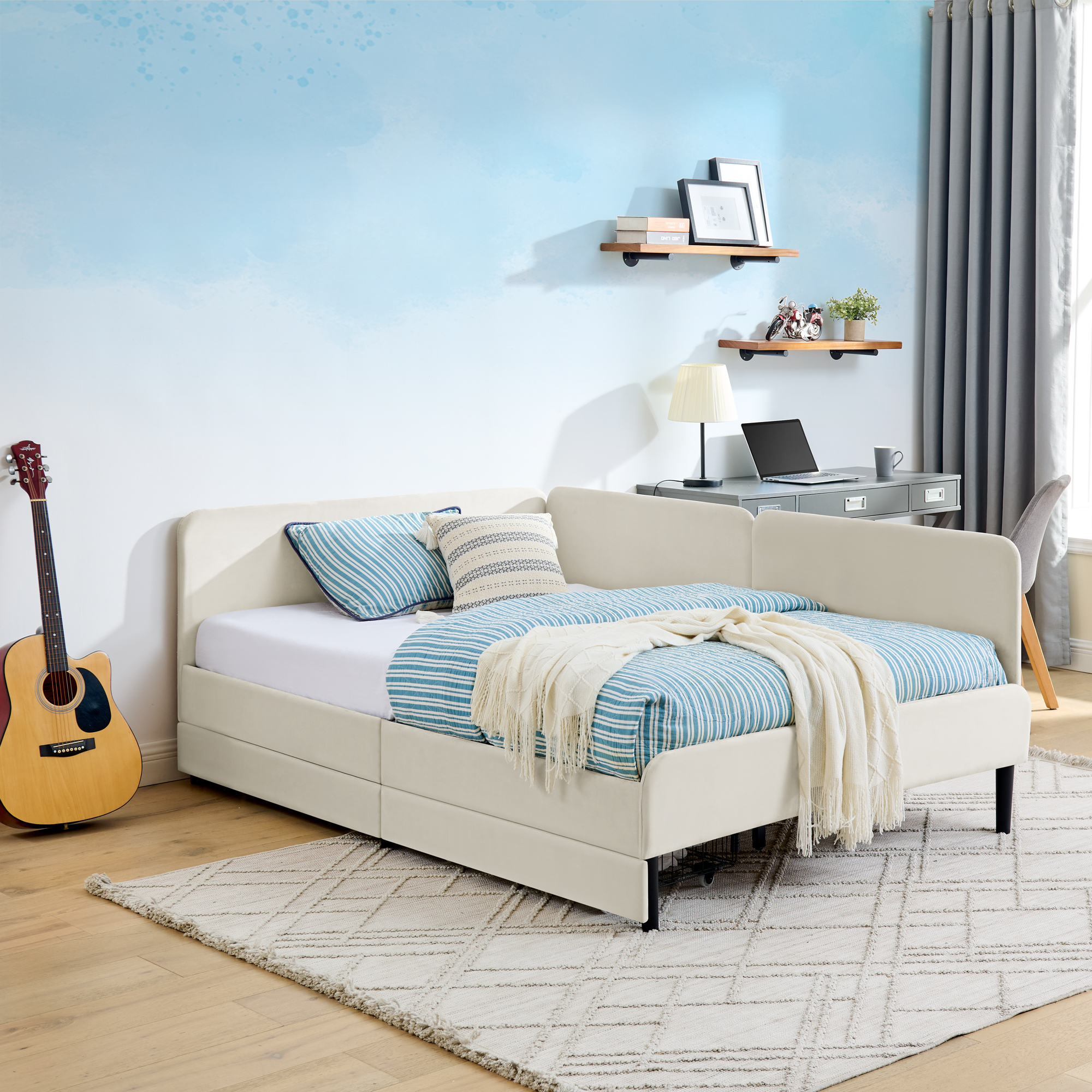Full Size Upholstered Platform Bed Frame with 2 Storage Drawers, Adjustable Velvet Sofa Bed, Beige - Image 2