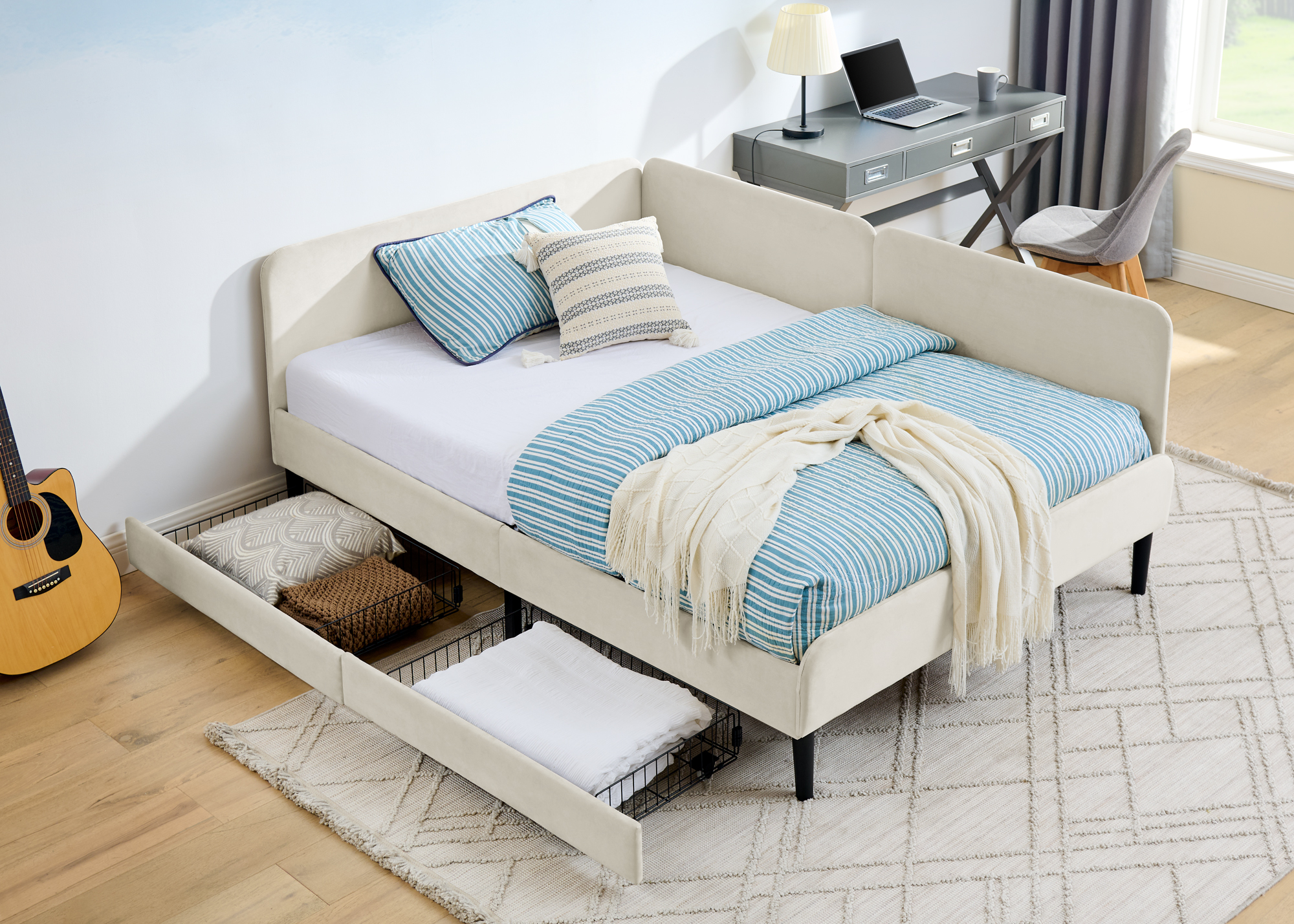 Full Size Upholstered Platform Bed Frame with 2 Storage Drawers, Adjustable Velvet Sofa Bed, Beige - Image 3