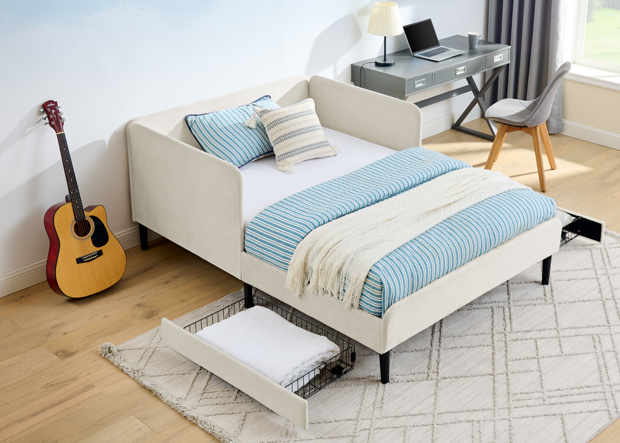 Full Size Upholstered Platform Bed Frame with 2 Storage Drawers, Adjustable Velvet Sofa Bed, Beige - Image 4