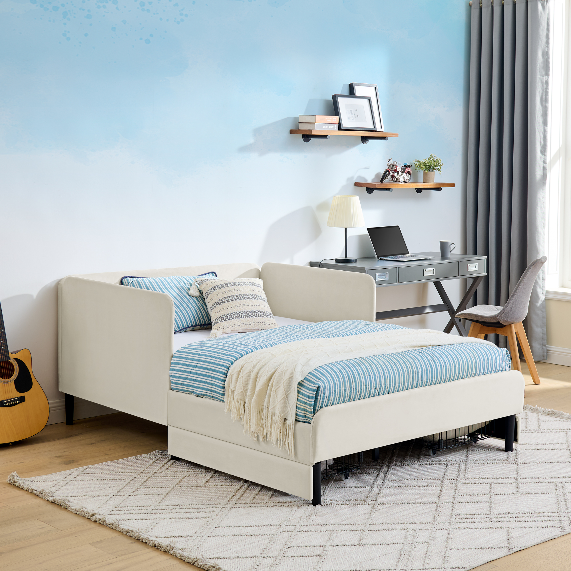 Full Size Upholstered Platform Bed Frame with 2 Storage Drawers, Adjustable Velvet Sofa Bed, Beige - Image 5