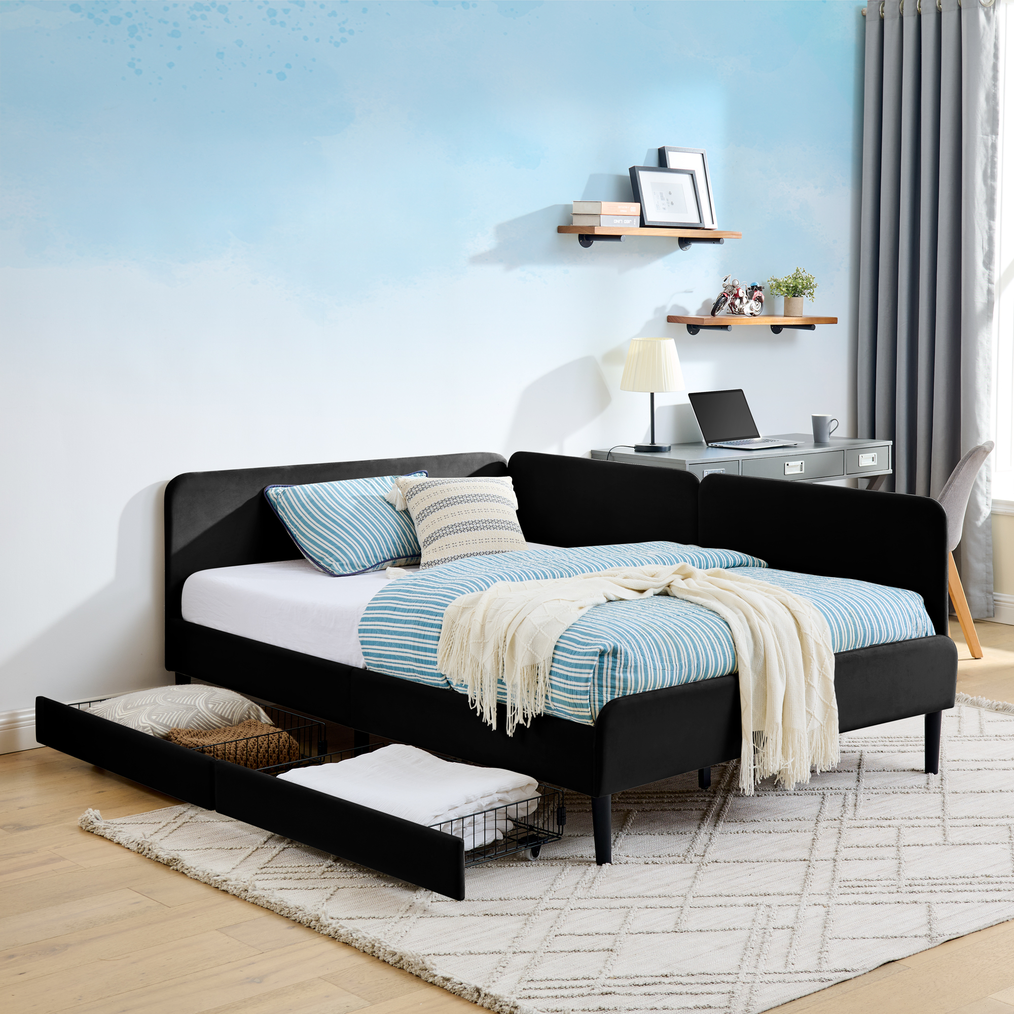 Full Size Upholstered Platform Bed Frame with 2 Storage Drawers, Adjustable Velvet Sofa Bed, Black - Image 2