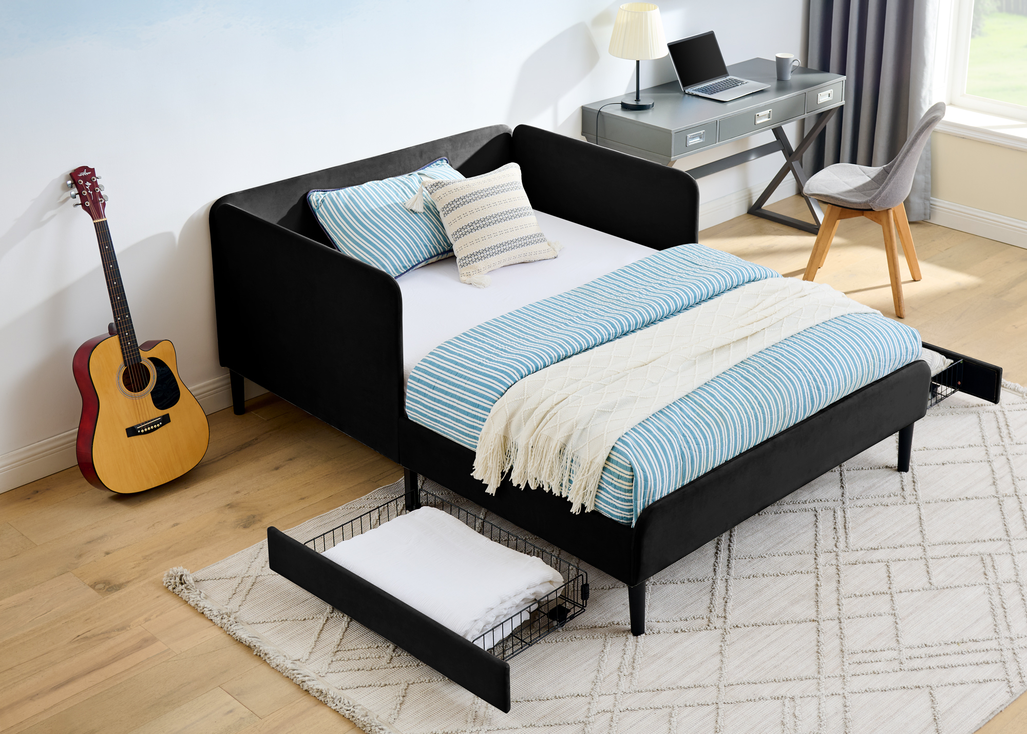 Full Size Upholstered Platform Bed Frame with 2 Storage Drawers, Adjustable Velvet Sofa Bed, Black - Image 3