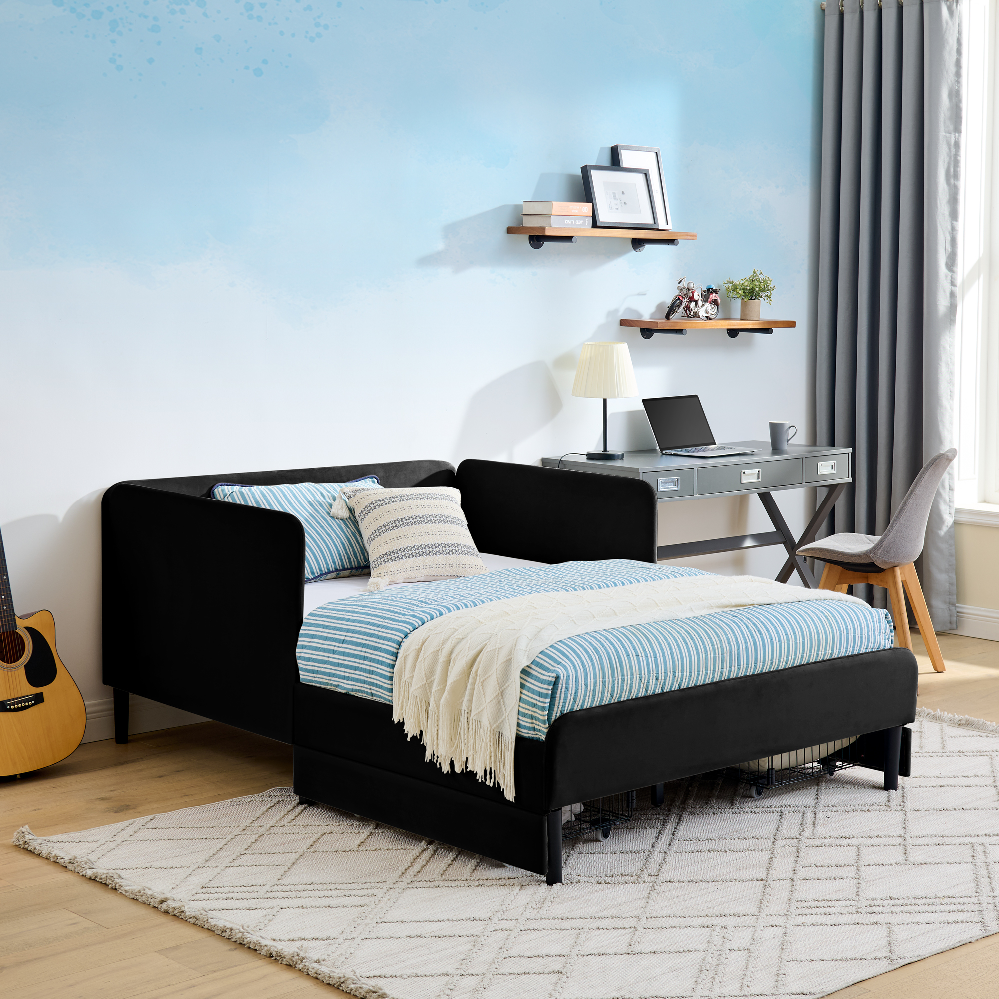 Full Size Upholstered Platform Bed Frame with 2 Storage Drawers, Adjustable Velvet Sofa Bed, Black - Image 4
