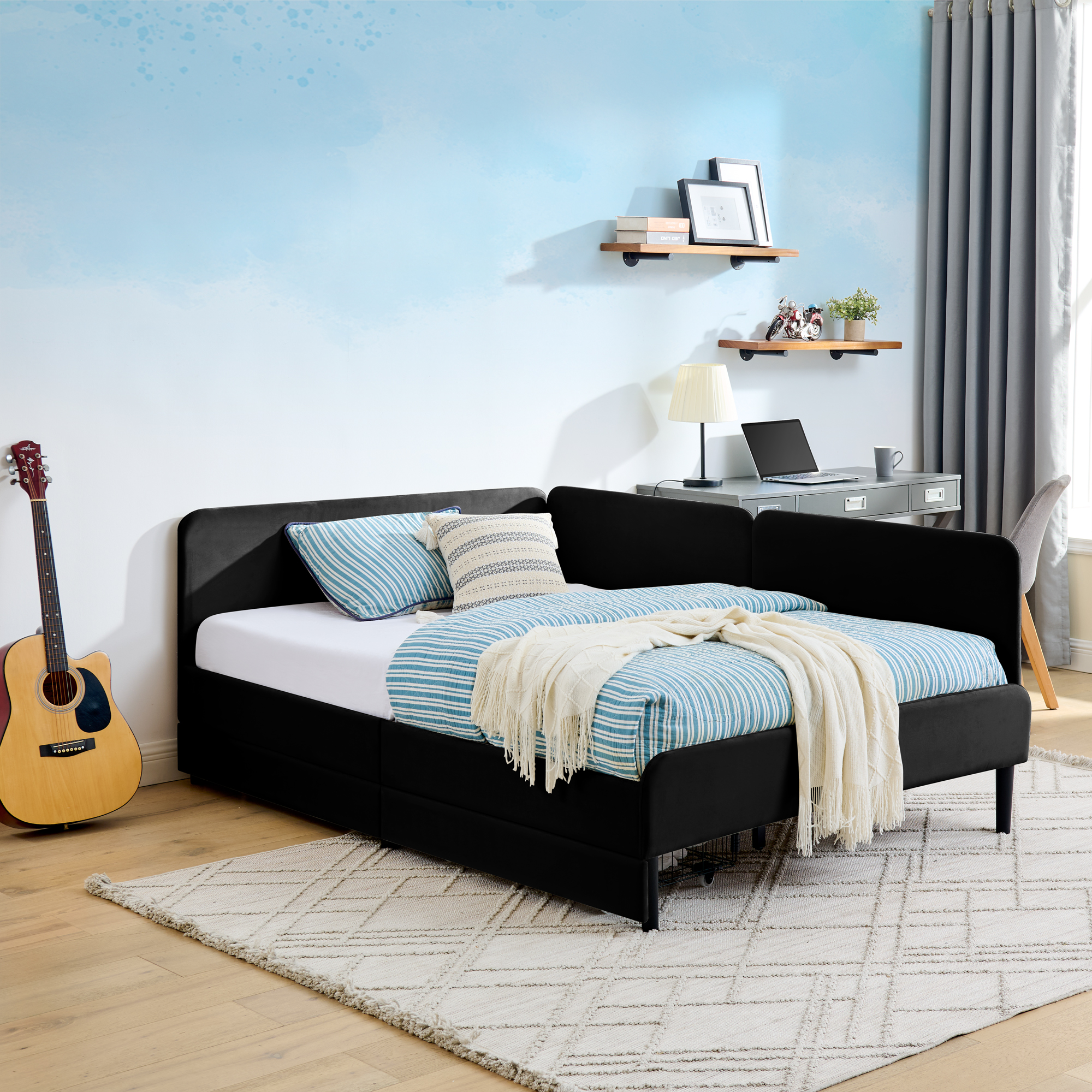 Full Size Upholstered Platform Bed Frame with 2 Storage Drawers, Adjustable Velvet Sofa Bed, Black - Image 5