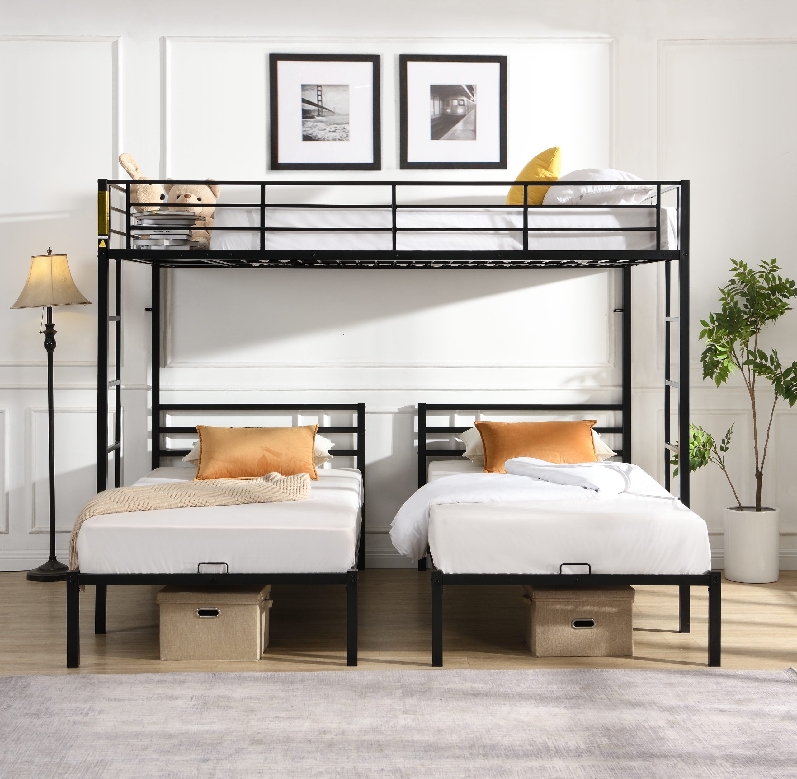 Full Over Twin Over Twin Bunk Bed ,Triple Bunk Bed With a vertical ladder, Metal Frame Bunk Bed with Safety Rail, Full Over Twin Over Twin Triple Bunk - Image 2