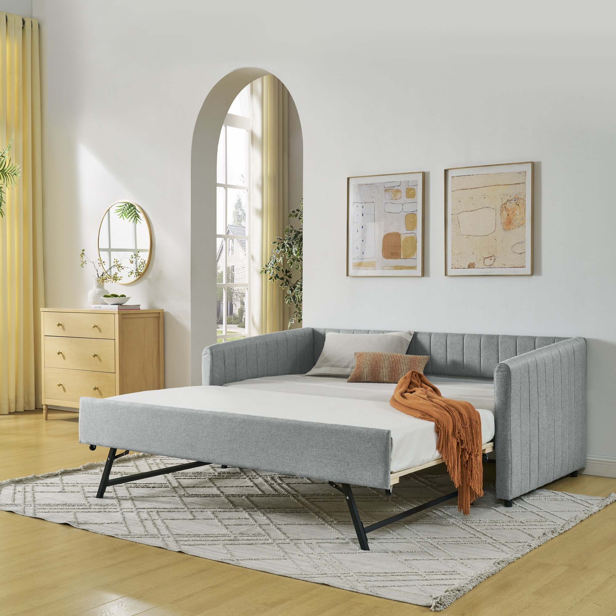 Twin Size Daybed with Trundle Upholstered Sofa Bed, with Vertical Stripes, Linen Fabric, Grey (82.5"x43"x30") - Image 1