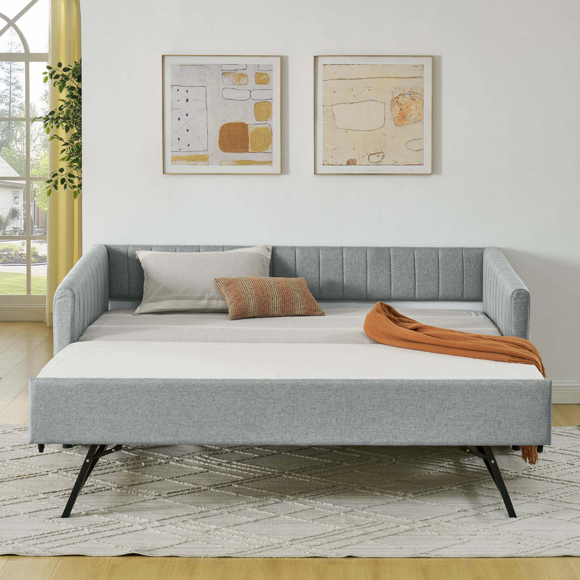 Twin Size Daybed with Trundle Upholstered Sofa Bed, with Vertical Stripes, Linen Fabric, Grey (82.5"x43"x30") - Image 2