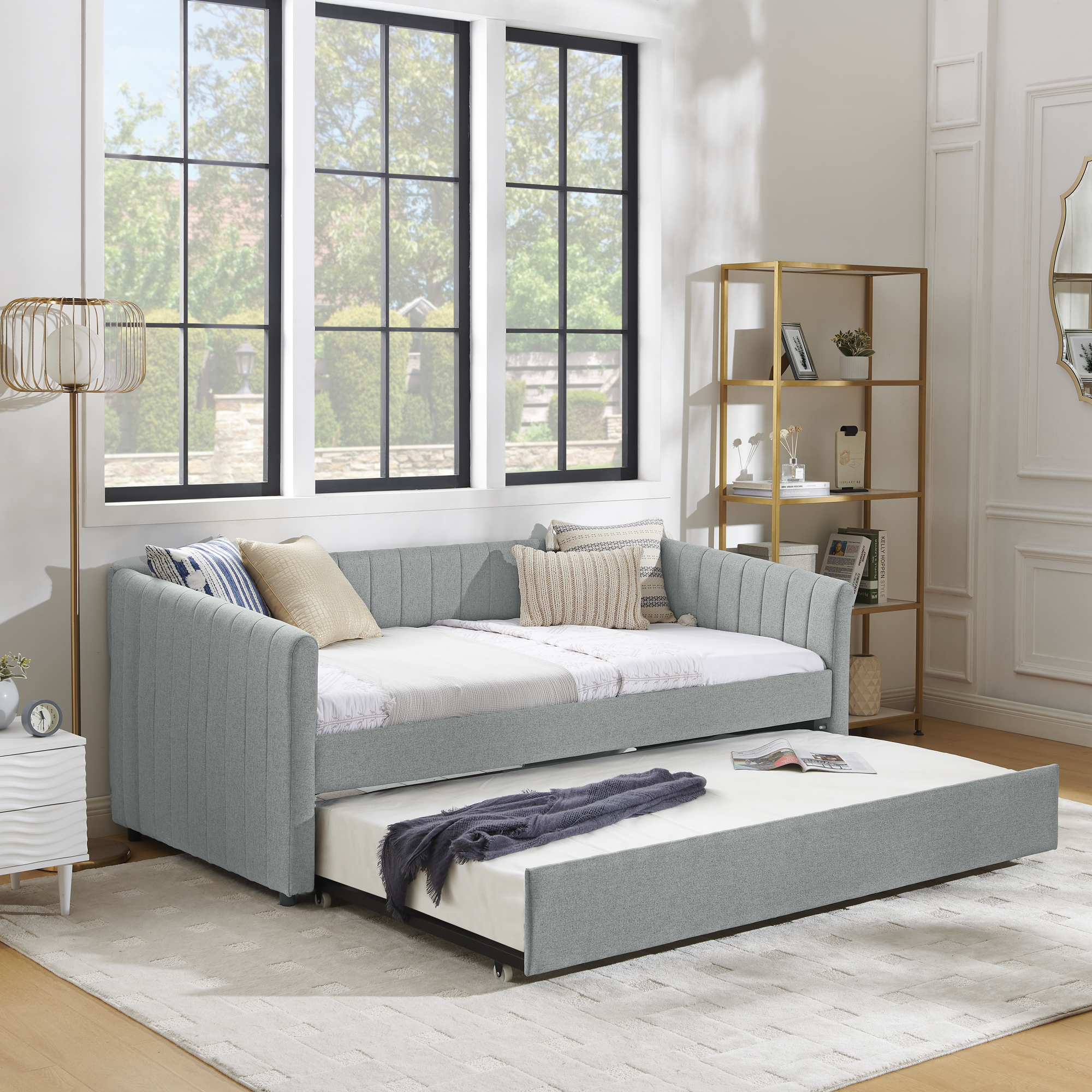 Twin Size Daybed with Trundle Upholstered Sofa Bed, with Vertical Stripes, Linen Fabric, Grey (82.5"x43"x30") - Image 3
