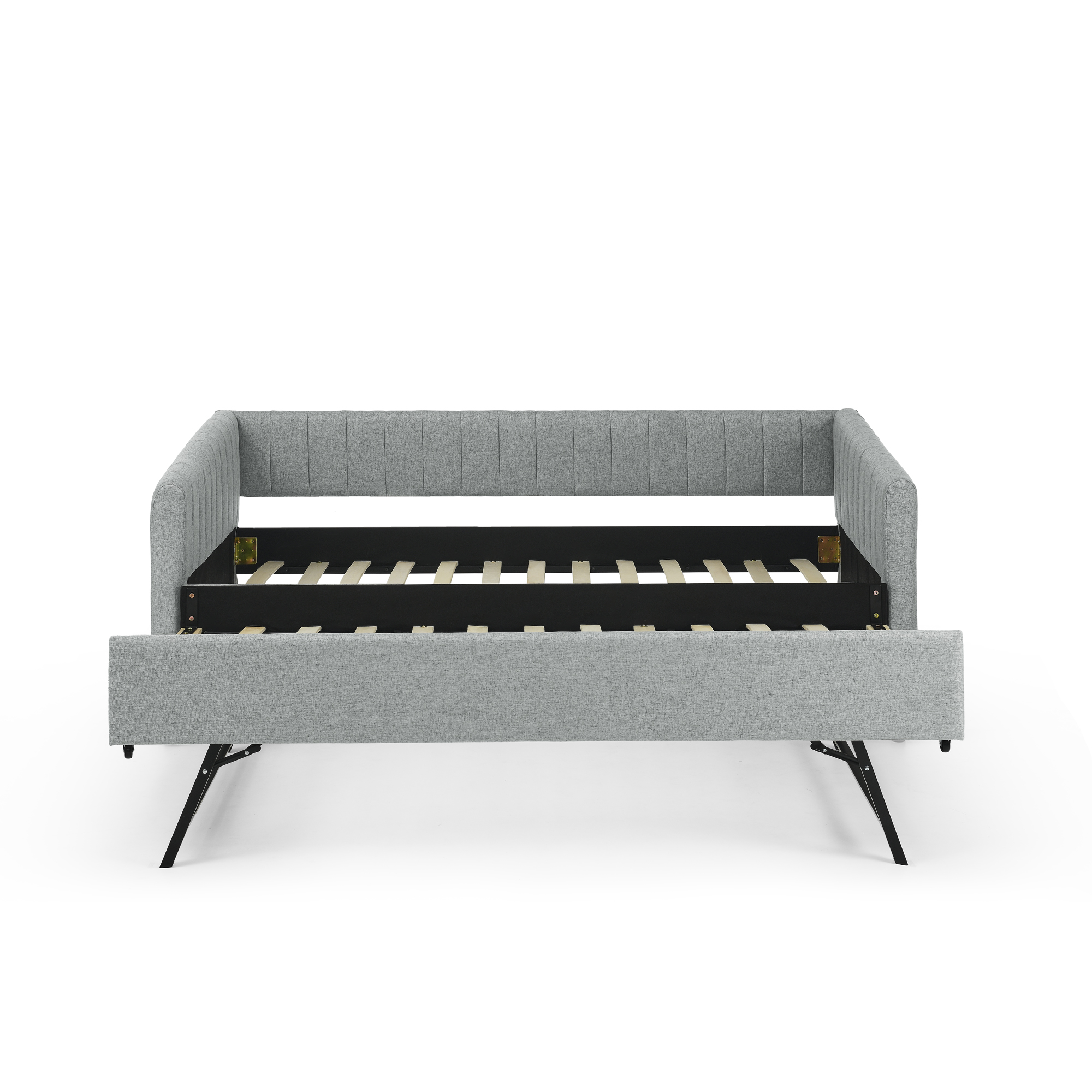 Twin Size Daybed with Trundle Upholstered Sofa Bed, with Vertical Stripes, Linen Fabric, Grey (82.5"x43"x30") - Image 5