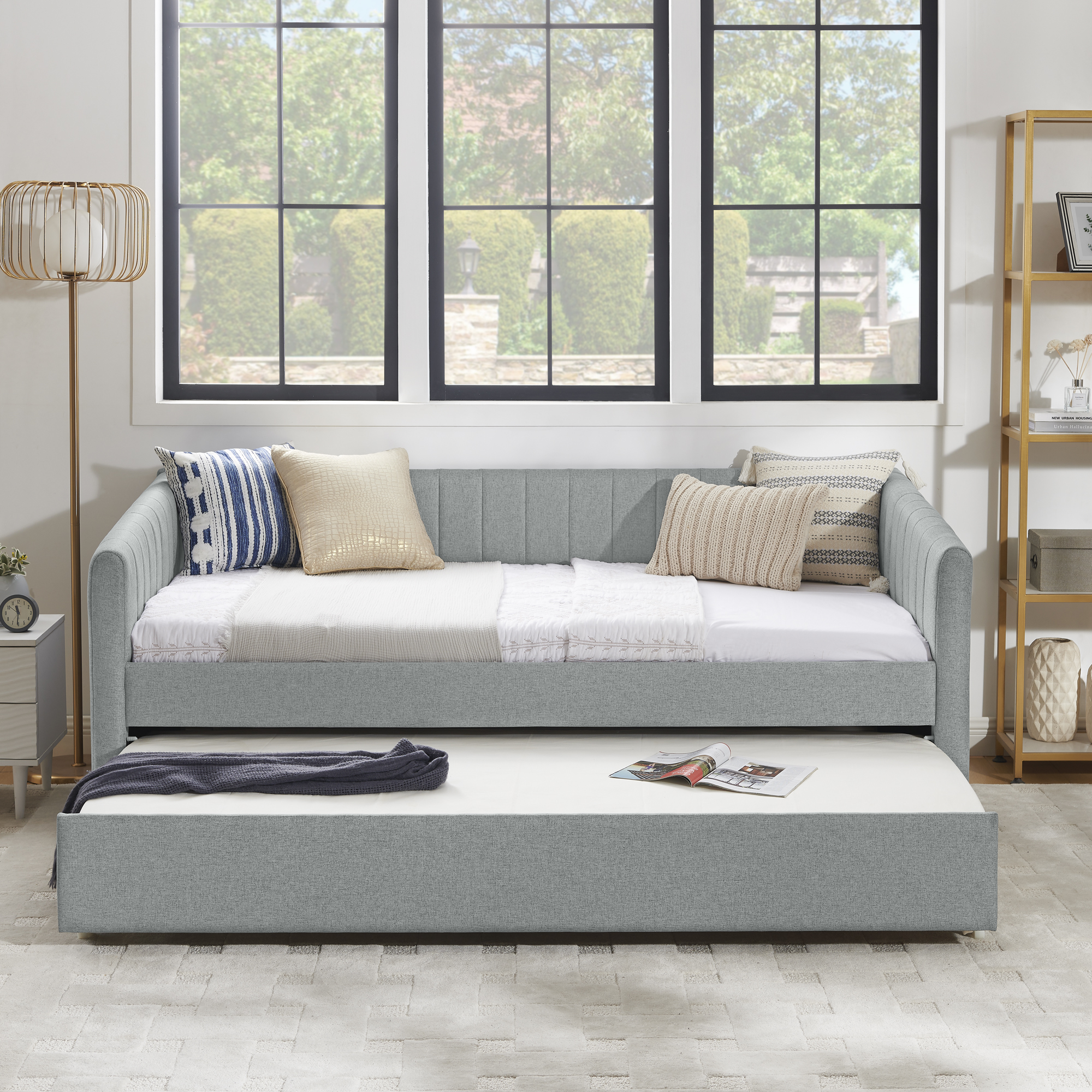 Twin Size Daybed with Trundle Upholstered Sofa Bed, with Vertical Stripes, Linen Fabric, Grey (82.5"x43"x30") - Image 4
