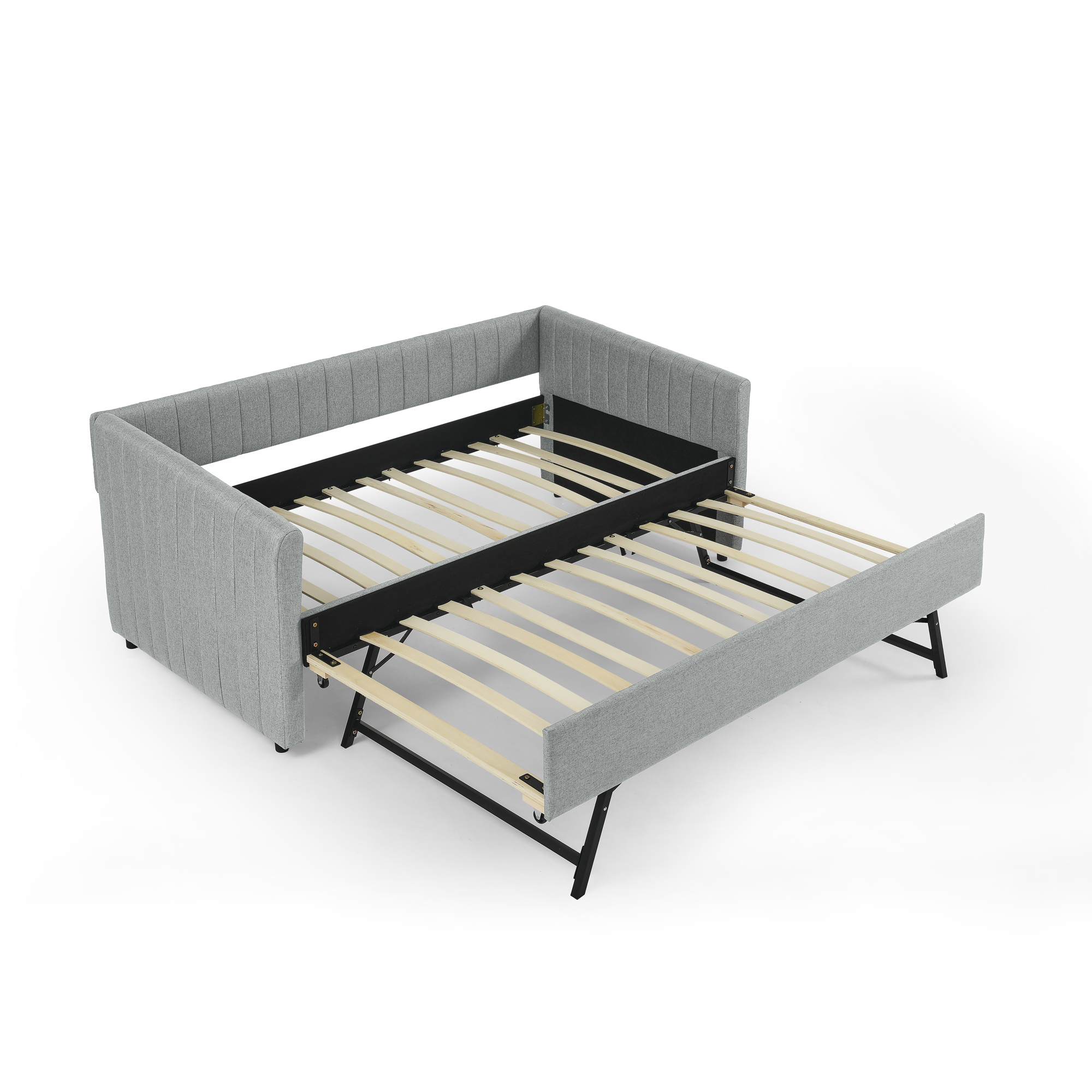 Twin Size Daybed with Trundle Upholstered Sofa Bed, with Vertical Stripes, Linen Fabric, Grey (82.5"x43"x30") - Image 6