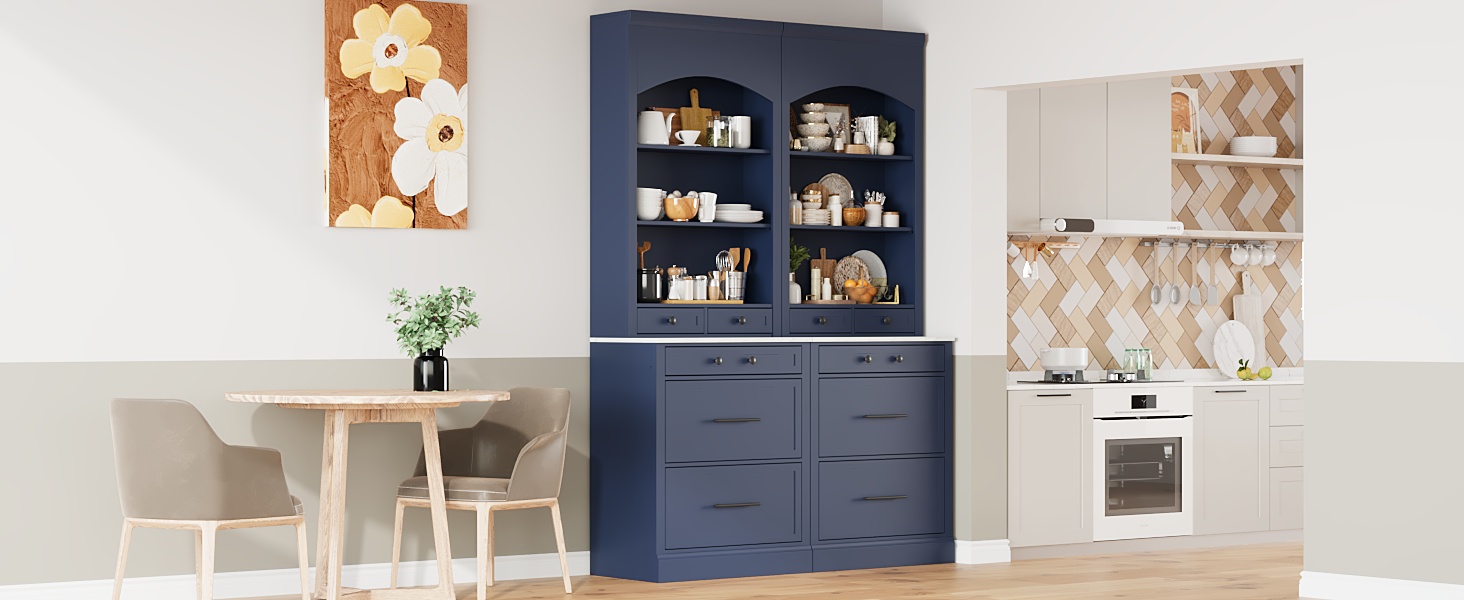 [Assembly Video Provided] TOPMAX Modern 83.7inch High Kitchen Pantry, Freestanding Tall Kitchen Hutch with Faux Marble Top,Cupboard Cabinet with 5 Storage Drawers and Adjustable Shelf, Set of 2, Blue - Image 2