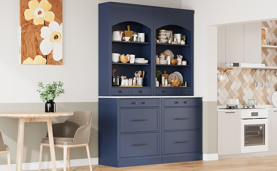 [Assembly Video Provided] TOPMAX Modern 83.7inch High Kitchen Pantry, Freestanding Tall Kitchen Hutch with Faux Marble Top,Cupboard Cabinet with 5 Storage Drawers and Adjustable Shelf, Set of 2, Blue - Image 3
