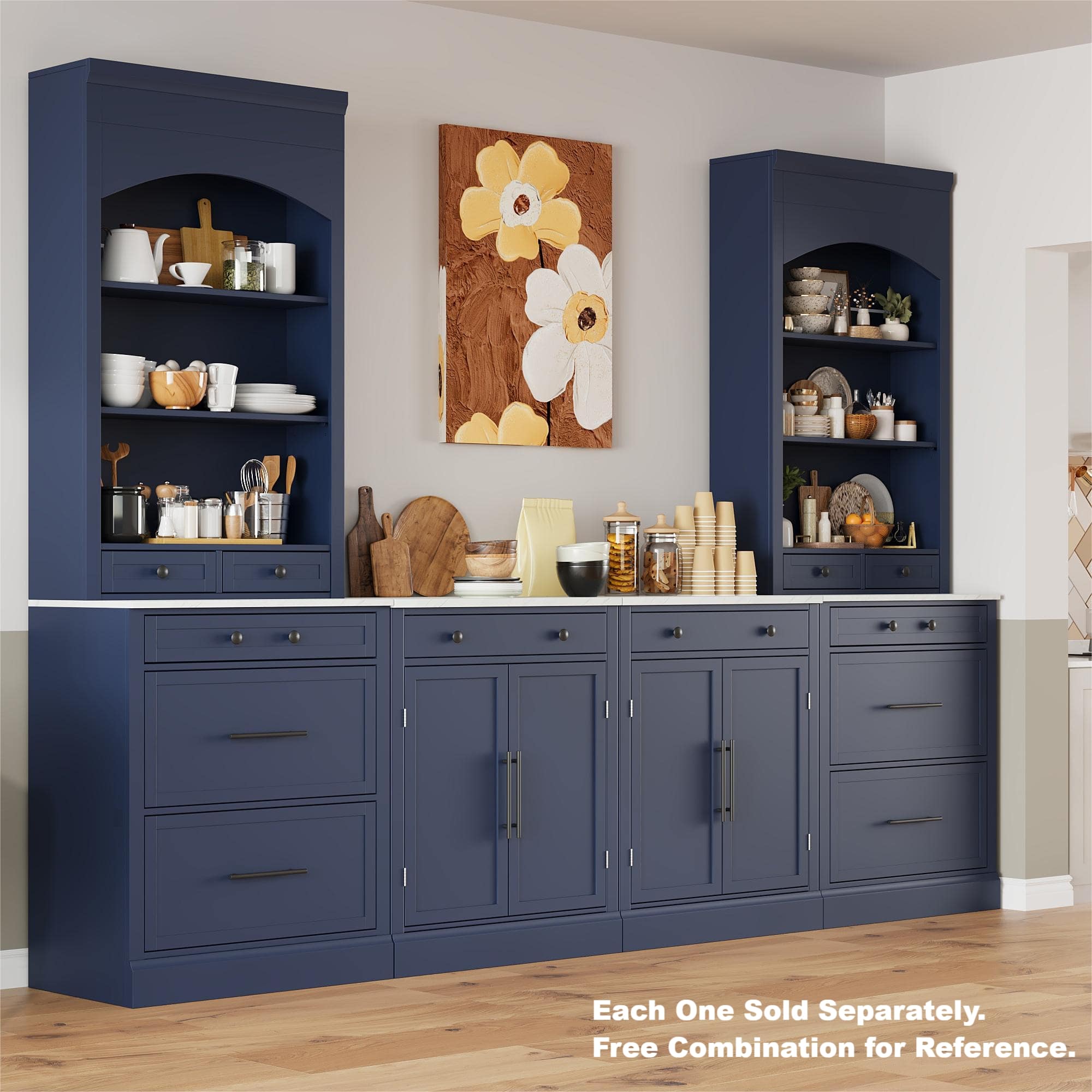 [Assembly Video Provided] TOPMAX Modern 83.7inch High Kitchen Pantry, Freestanding Tall Kitchen Hutch with Faux Marble Top, Display Cupboard Cabinet with 5 Storage Drawers and Adjustable Shelf, Blue - Image 4