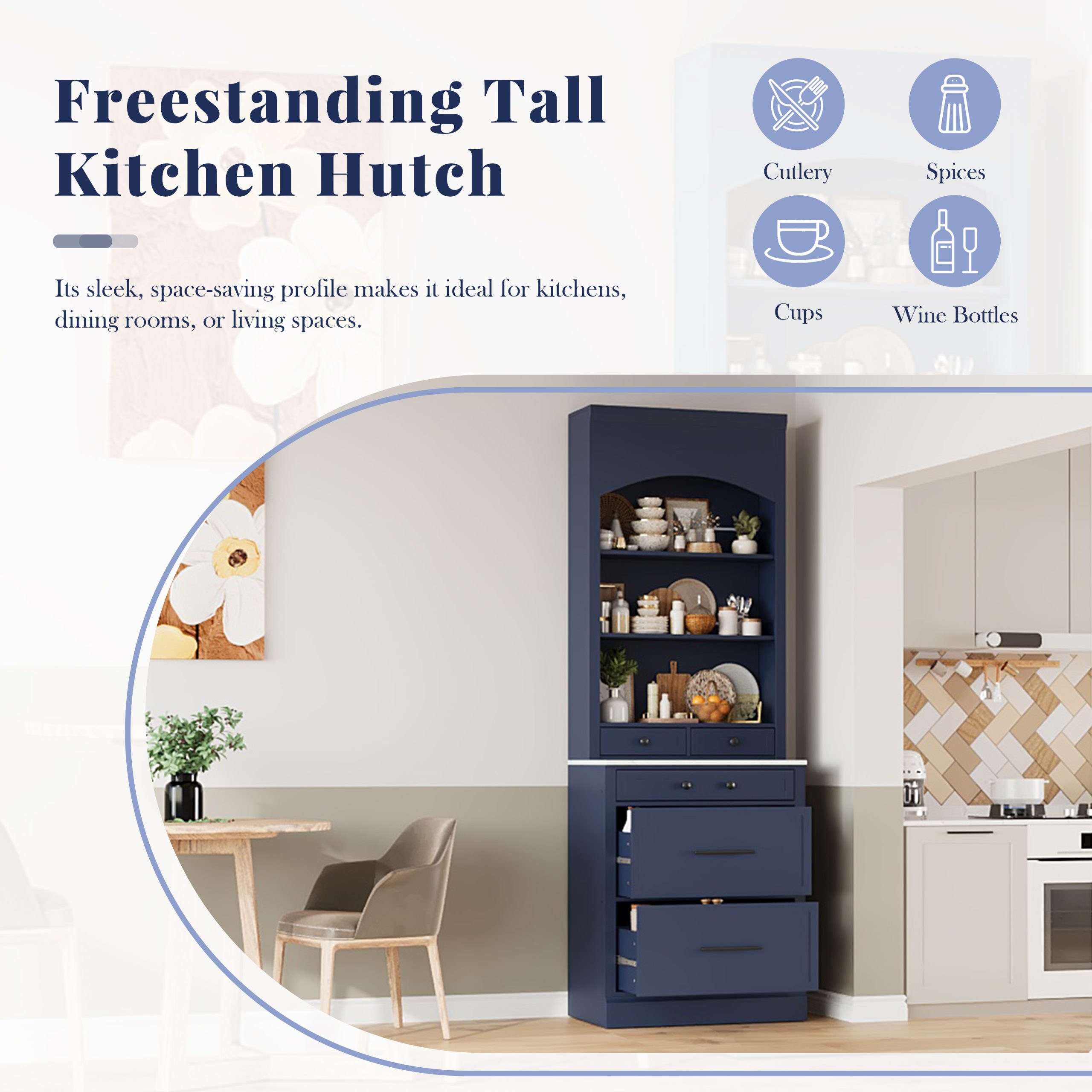 [Assembly Video Provided] TOPMAX Modern 83.7inch High Kitchen Pantry, Freestanding Tall Kitchen Hutch with Faux Marble Top, Display Cupboard Cabinet with 5 Storage Drawers and Adjustable Shelf, Blue - Image 5