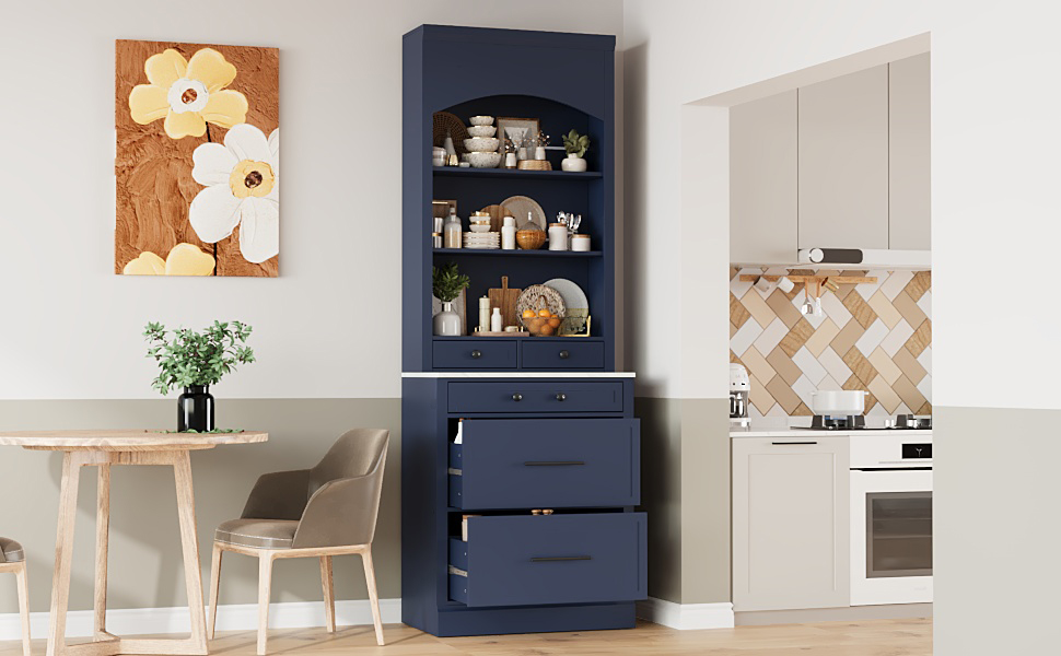 [Assembly Video Provided] TOPMAX Modern 83.7inch High Kitchen Pantry, Freestanding Tall Kitchen Hutch with Faux Marble Top, Display Cupboard Cabinet with 5 Storage Drawers and Adjustable Shelf, Blue - Image 2